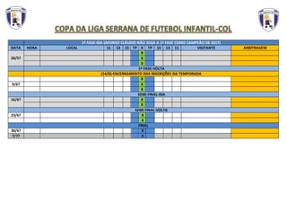1ª FASE-IDA (AFONSO CLÁUDIO NÃO JOGA A 1ª FASE COMO CAMPEÃO DE 2017)
DATA HORA LOCAL 11 13 15 TP X TP 15 13 11 VISITANTE ARBITRAGEM
26/5?
X
X
X
1ª FASE-VOLTA
(14/6)-ENCERRAMENTO DAS INSCRIÇÕES DA TEMPORADA
X
9/6? X
X
SEMI FINAL-IDA
16/6? X
X
SEMI FINAL-VOLTA
23/6? X
X
FINAL
30/6? X
7/7? X
 
