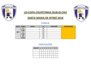 DATA HORA LOCAL X VISITANTE ARBITRAGEM
28/7
8 X
8:30 X
9 X
9:30 X
10 X
10:30 X
EQUIPE 1 2 3 4 5 6 7 8 9
 