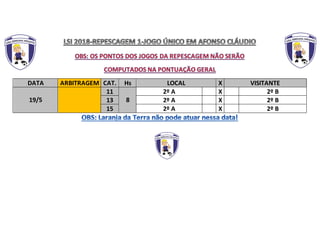 DATA ARBITRAGEM CAT. Hs LOCAL X VISITANTE
19/5
11
8
2º A X 2º B
13 2º A X 2º B
15 2º A X 2º B
 