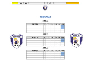10 15 X
SUB-11
PONTOS P J V E D S GP GC COL
SUB-13
PONTOS P J V E D S GP GC COL
SUB-15
PONTOS P J V E D S GP GC COL
 