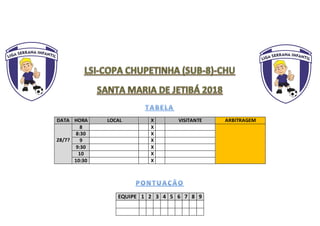DATA HORA LOCAL X VISITANTE ARBITRAGEM
28/7?
8 X
8:30 X
9 X
9:30 X
10 X
10:30 X
EQUIPE 1 2 3 4 5 6 7 8 9
 