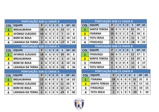 PONTUAÇÃO SUB-11 CHAVE A
COL EQUIPE P J V E D S GP GC
1 BREJAUBINHA 18 6 6 0 0 13 17 4
2 AFONSO CLÁUDIO 10 6 3 1 2 7 15 8
3 BOM DE BOLA 7 6 2 1 3 -3 10 13
4 LARANJA DA TERRA 0 6 0 0 6 -17 6 23
PONTUAÇÃO SUB-13 CHAVE A
COL EQUIPE P J V E D S GP GC
1 AFONSO CLÁUDIO 18 6 6 0 0 39 39 0
2 BREJAUBINHA 12 6 4 0 2 -1 15 16
3 BOM DE BOLA 6 6 2 0 3 -6 10 16
4 LARANJA DA TERRA 0 6 0 0 6 -32 4 36
PONTUAÇÃO SUB-11 CHAVE B
COL EQUIPE P J V E D S GP GC
1 SANTA TERESA 18 6 5 0 0 25 26 1
2 ITARANA 10 6 3 1 2 4 10 6
3 TATU BOLA 4 6 1 0 4 -11 6 17
4 ITAGUAÇU 3 6 1 0 5 -18 4 22
PONTUAÇÃO SUB-13 CHAVE B
COL EQUIPE P J V E D S GP GC
1 ITAGUAÇU 16 6 5 1 0 12 17 5
2 SANTA TERESA 11 6 3 2 1 14 20 6
3 ITARANA 6 6 2 0 4 -11 6 17
4 TATU BOLA 1 6 0 1 5 -13 3 16
PONTUAÇÃO SUB-15 CHAVE A
COL EQUIPE P J V E D S GP GC
1 BREJAUBINHA 12 6 4 0 2 6 16 10
2 AFONSO CLÁUDIO 12 6 4 0 2 11 20 9
3 BOM DE BOLA 9 6 3 0 3 12 21 9
4 LARANJA DA TERRA 3 6 1 0 5 -29 9 38
PONTUAÇÃO SUB-15 CHAVE B
COL EQUIPE P J V E D S GP GC
1 ITARANA 18 6 6 0 0 31 31 0
2 SANTA TERESA 9 6 3 0 3 4 17 13
3 ITAGUAÇU 6 6 2 0 4 -5 10 15
4 TATU BOLA 3 6 1 0 5 -29 5 34
 
