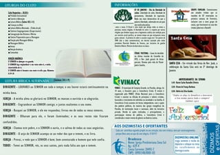 07 DE JANEIRO - Dia da liberdade de                                          GRUPO FAMILIAR- Comunicamos
    Culto Vespertino – 18:30 h                                                                                       cultos- Liberdade de culto, liberdade de                                     aos amados irmãos que as
    ■ Prelúdio Instrumental                                                                                          pensamento, liberdade de expressão.                                          reuniões de GF retornarão na
    ■ Convite à Adoração                                                                                             Nada soa mais democrático do que a                                           primeira semana de Fevereiro,
    ■ Leitura Bíblica (Salmo 103.1-11)                                                                               palavra liberdade, sobretudo em um país                                      inclusive com o novo grupo de
    ■ Crianças no Altar                                                                                              tão multiculturalista                          .                             casais, que funcionará na casa dos
    ■ Leitura Bíblica Alternada - (Todos de pé)                                           como o nosso. O Brasil é uma nação que abriga todas as etnias e,                                        irmãos Jubervan e Danielli
                                                                                 ,       portanto, muitas religiões. A liberdade de culto e o respeito por outras
    ■ Cânticos Congregacionais (Grupo Louvor)
                                                                                         religiões que dividem espaço com a hegemonia católica são condição para
    ■ Consagração dos Dízimos e Ofertas                                                  um convívio social pacífico, ao mesmo tempo em que enriquecem nossa
    ■ Cântico Preparatório para a Mensagem                                               gama cultural. A primeira lei sobre o assunto surgiu em 7 de janeiro de
    ■ Oração pela Mensagem Bíblica                                                       1890 (daí a data comemorativa), em decreto assinado pelo então
    ■ Mensagem Bíblica                                                                   presidente Marechal Deodoro da Fonseca, por iniciativa do gaúcho
    ■ Avisos                                                                             Demétrio Ribeiro, Ministro da Agricultura na época.
    ■ Benção Araônica
    ■ Comunhão                                                                                                       FÉRIAS PASTORAL - Como foi decidido
                                                                                                                     na última reunião do Conselho da
    BENÇÃO ARAÔNICA                                                                                                  IPZS, o Rev. Joab gozará de férias
    O SENHOR te abençoe e te guarde;                                                                                 parciais. Oremos pela vida do Pastor
    O SENHOR faça resplandecer o seu rosto sobre ti, e tenha                                                                                                        SANTA CEIA - Em virtude das férias do Rev. Joab, a
                                                                                                                     Joab e família.
    misericórdia de ti;                                                                                                                                             celebração da Santa Ceia será no 3º domingo de
    O SENHOR sobre ti levante o seu rosto e te dê a paz. Números                                                                                                    Janeiro
    6:24-26

                                                               (Salmos 34:1-9)                                                                                                    ANIVERSARIANTES DA SEMANA
                                                                                                                                                                        11/01 -Karen Carlos Ramalho Silveira
DIRIGENTE - LOUVAREI ao SENHOR em todo o tempo; o seu louvor estará continuamente na     VINACC - O município de Campina Grande, na Paraíba, abriga, há                 12/01- Bruno de França Barbosa
                                                                                         14 anos, o Encontro para a Consciência Cristã. O evento é                      12/01- Kelvin da Silva Guedes
minha boca.                                                                              organizado pela VINACC (Visão Nacional para a Consciência                       “Todos os dias te bendirei e louvarei
                                                                                         Cristã) e consiste na difusão de princípios e valores cristãos,
IGREJA - A minha alma se gloriará no SENHOR; os mansos o ouvirão e se alegrarão.         buscando o crescimento do indivíduo na sociedade e na família. A
                                                                                                                                                                            o teu nome para todo o sempre!
                                                                                                                                                                                     Salmos 145:2
                                                                                         Consciência Cristã acontece de forma independente, com o apoio
DIRIGENTE - Engrandecei ao SENHOR comigo; e juntos exaltemos o seu nome.                 dos poderes públicos, da maioria das igrejas evangélicas da
                                                                                         Paraíba, de instituições locais e nacionais, além da iniciativa
IGREJA - Busquei ao SENHOR, e ele me respondeu; livrou-me de todos os meus temores.      privada. Devido às ações realizadas, e principalmente, a
                                                                                         participação intensa do público, a Consciência Cristã é
DIRIGENTE - Olharam para ele, e foram iluminados; e os seus rostos não ficaram           considerada o maior evento do gênero na América Latina.
confundidos.
IGREJA - Clamou este pobre, e o SENHOR o ouviu, e o salvou de todas as suas angústias.
DIRIGENTE - O anjo do SENHOR acampa-se ao redor dos que o temem, e os livra.
IGREJA - Provai, e vede que o SENHOR é bom; bem-aventurado o homem que nele confia.
TODOS - Temei ao SENHOR, vós, os seus santos, pois nada falta aos que o temem.
 