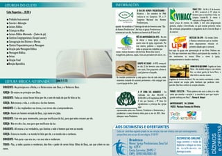 VINACC 2013 - De 06 a 12 de fevereiro
                                                                                                                                             O DIA DO HOMEM PRESBITERIANO -
    Culto Vespertino – 18:30 h                                                                                                               Histórico - Em setembro de 1966
                                                                                                                                                                                                                       de 2013, acontecerá a 15ª edição do
                                                                                                                                                                                                                       Encontro para a Consciência Cristã, em
                                                                                                                                             realizou-se em Campinas- SP, o 1º                                         Campina Grande-PB. O evento é
    ■ Prelúdio Instrumental                                                                                                                  Congresso Nacional dos Homens                                             realizado no Parque do Povo,
    ■ Convite à Adoração                                                                                                                     Presbiterianos,                            maior praça de eventos da cidade, e terá uma programação
    ■ Leitura Bíblica                                                                                            quando foi escolhido o 1º domingo do mês de fevereiro como “Dia        gratuita, ampla e diversificada, na qual estarão presentes vários
                                                                                                                 do Homem Presbiteriano”. Até hoje as igrejas Presbiterianas            dos principais pesquisadores e pregadores da fé cristã do Brasil e
    ■ Crianças no Altar                                                                                                                                                                 do exterior.
                                                                                                                 comemoram este dia. Parabéns aos homens da IP Zona Sul!
    ■ Leitura Bíblica Alternada - (Todos de pé)
    ■ Cânticos Congregacionais (Grupo Louvor)                                                                                               MÊS DE ANIVERSÁRIO DA IPZS - No mês                                    NOTICIAS DA UPA - Os irmãos Clovis
                                                                                                                                            de março a nossa igreja completa                                       e Vanessa comunicam que as reuniões
    ■ Consagração dos Dízimos e Ofertas                                                                                                     quatro anos de igreja organizada. Por                                  deste departamento voltarão no
    ■ Cântico Preparatório para a Mensagem                                                                                                  este motivo, pedimos o empenho de                                      primeiro sábado após o carnaval.
    ■ Oração pela Mensagem Bíblica                                                                                                          todas as pessoas nos trabalhos que
                                                                                                                                                                                        Será aqui na igreja com apresentação de um filme. Pedimos aos
    ■ Mensagem Bíblica                                                                                           vamos realizar durante o mês de festa. Nestes dias haverá
                                                                                                                                                                                        Srs. Pais que incentivem seus filhos a participarem das reuniões. Se
                                                                                                                 evangelismo, palestras, sopão, visita aos portadores de câncer, etc.
    ■ Avisos                                                                                                                                                                            não motivarmos os nossos filhos a virem à igreja,
    ■ Oração Final                                                                                                                                                                      consequentemente o mundo o motivará.
    ■Benção Apostólica                                                                                                                        GRUPO DE CASAIS - A IPZS começará
                                                                                                                                              no dia 23 de fevereiro uma reunião                                    CHORAI COM OS QUE CHORAM - Tragédia em Santa
                                                                                                                                              com casais. Este grupo terá a frente o                                Maria - Um incêndio atingiu a casa noturna
                                                                                                                                              casal Jubervan e Danyelle.                                            Kiss, na cidade gaúcha de Santa Maria, e
                                                                                                                                                                                                                    deu início a uma das maiores
                                                                                                                  As reuniões acontecerão a cada quinze dias de cada mês, onde
                                                                                                                  estaremos tratando de assuntos pertinentes a vida conjugal com        tragédias da história do Brasil. Por este motivo convidamos a todos
                                                             (João 1:-1-12)                                                                                                             para estarem em oração pelos familiares que perderam entes
                                                                                                                  a participação do Rev. Joab.
                                                                                                                                                                                        queridos. Que Deus conforte os corações abalados.
DIRIGENTE- No princípio era o Verbo, e o Verbo estava com Deus, e o Verbo era Deus.
IGREJA- Ele estava no princípio com Deus.                                                                                                      A IP ZONA SUL AGRADECE - Foi              PARAR E REFLETIR - “Muita palavra não sacia a alma, é a vida
                                                                                                                                               realizada nos dias 30,31/01 e             santa que consola o coração; é a consciência pura que inspira
DIRIGENTE- Todas as coisas foram feitas por ele, e sem ele nada do que foi feito se fez.                                                       01/02/2013 a III Legislatura do PCPB.     grande confiança em Deus”. Thomas A. Kempis
                                                                                                                                               E nós que fazemos a IP Zona Sul
IGREJA- Nele estava a vida, e a vida era a luz dos homens.                                                                                     agradecemos a presença das igrejas        ANIVERSARIANTE DA SEMANA
                                                                                                                                               aqui                                      04/02- Mariana Fonseca de Oliveira
DIRIGENTE- E a luz resplandece nas trevas, e as trevas não a compreenderam.
                                                                                                                  representadas pelos seus Pastores, Presbíteros e Seminaristas, e
IGREJA- Houve um homem enviado de Deus, cujo nome era João.                                                       parabenizar a nova diretoria eleita para o ano de 2013. Deus
                                                                                                                  abençoe o nosso Presbitério.
DIRIGENTE- Este veio para testemunho, para que testificasse da luz, para que todos cressem por ele.
IGREJA- Não era ele a luz, mas para que testificasse da luz.
DIRIGENTE- Ali estava a luz verdadeira, que ilumina a todo o homem que vem ao mundo.
IGREJA- Estava no mundo, e o mundo foi feito por ele, e o mundo não o conheceu.
DIRIGENTE- Veio para o que era seu, e os seus não o receberam.
TODOS- Mas, a todos quantos o receberam, deu-lhes o poder de serem feitos filhos de Deus, aos que crêem no seu
nome.
 