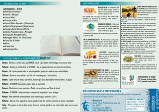 QUANTO TEMPO NÓS ORAMOS POR DIA?
                                                                                                                                      NOTICIAS DA SAF - A Presidente da SAF
 Culto Vespertino – 18:30 h                                                                                                           Zona Sul, Geyse Lacerda, comunica a
                                                                                                                                                                                                                   ● João Wesley passava diariamente duas
                                                                                                                                                                                                                   horas de oração, começando às quatro da
 ■ Prelúdio Instrumental                                  .                                                                           todas as sócias a realização da primeira                                     manhã. Ele sempre dizia que a oração era
                                                                                                                                      reunião de plenária do ano.
 ■ Convite à Adoração                                                                                                                                                                                              o seu negócio principal.
                                                                                                          Será amanhã aqui na igreja às 19:30 h. Na ocasião serão
 ■ Leitura Bíblica                                                                                        conhecidas as secretarias de atividades, como também a
                                                                                                                                                                                   ● Spurgeon dizia: “A oração se tornou tão fundamental para mim
                                                                                                                                                                                   quanto o ar que enche os meus pulmões e o sangue que corre em
 ■ Crianças no Altar                                                                                      apresentação do conselheiro.                                             minhas veias”
 ■ Leitura Bíblica Alternada - (Todos de pé)                                                                                        REUNIÃO DO CONSELHO - O Rev. Joab              ● Payson dedicava tanto tempo à oração, e com tanta intensidade
                                                                                                                                                                                   orava que, pelo atrito constante de seus joelhos, se desgastou o local
 ■ Cânticos Congregacionais (Grupo Louvor)                                                                                          convoca os membros do conselho para
                                                                                                                                                                                   do assoalho onde estava habituado a joelhar-se.
 ■ Consagração dos Dízimos e Ofertas                                                                                                uma reunião no próximo sábado dia              ● Martinho Lutero dizia: “Se deixo de passar duas horas pela manhã
                                                                                                                                    23/02 às 14h aqui na igreja.                   em oração, o diabo sai vitorioso o dia inteiro. Tenho tanto serviço a
 ■ Cântico Preparatório para a Mensagem
                                                                                                           Lembrando aos Presbíteros que um dos assuntos a ser tratado é           fazer que não posso passar o dia sem duas horas ou mais de oração.”
 ■ Oração pela Mensagem Bíblica                                                                            a questão da EBD.                                                       ● John Welch, o grande pregador escocês, foi um dos homens mais
 ■ Mensagem Bíblica- Rev. Silvio Claudio                                                                                                                                           fiéis que o mundo viu. Ele achava que o dia era mal gasto quando não
                                                                                                           MÊS DE ANIVERSARIO DA IPZS - No mês de março a nossa igreja             passava sete ou oito horas sozinho com Deus.
 ■ Santa Ceia do Senhor                                                                                    completa 4 anos de igreja organizada. Por este motivo, pedimos o        ● Willian Bramwell é famoso nos anais metodistas por sua santidade
 ■ Avisos                                                                                                  empenho de todos nos trabalhos que serão realizados durante o           pessoal, pelo seu sucesso maravilhoso na pregação e pelas
                                                                                                                                                                                   extraordinárias respostas as suas orações. Orava muitas horas
 ■ Oração Final                                                                                            referido mês. Haverá evangelismo, palestras, sopão, visita aos
                                                                                                                                                                                   seguidas. Viveu quase toda a sua vida sobre os joelhos. Muitas vezes,
                                                                                                           portadores de câncer, etc.
 ■ Benção Apostólica                                                                                                                                                               gastou mais de quatro horas em oração contínua.
                                                                                                                                                                                   ● O bispo Asbury disse: “Propus-me a levantar às quatro horas da
                                                                                                                                        A VOCÊ JOVEM - O mundo tem atraído         madrugada tanto quanto possível e gastar duas horas em oração”.
                                                                                                                                        muitos jovens através de suas ofertas, e
                                                                                                                                        alguns que estão na igreja tem sofrido                               PENSE NISSO - O verdadeiro avivamento
                                                      Salmo 103: 1 a 11                                                                 com essa influencia.                                                 começa quando a igreja sai de dentro das
                                                                                                          Por isso contamos com os Srs. Pais a incentivar o seu filho a fazer                                quatro paredes para socorrer os
                                                                                                                                                                                                             necessitados.
Homens - Bendize, ó minha alma, ao SENHOR, e tudo o que há em mim bendiga ao seu santo nome.              parte dos trabalhos da nossa juventude. Procure o casal Clóvis e
                                                                                                          Vanessa.                                                                  Por este motivo convidamos a todos a participar do Projeto Sopão. O
Mulheres - Bendize, ó minha alma, ao SENHOR, e não te esqueças de nem um só de seus benefícios.                                                                                     alvo desse trabalho não é somente alimentar os famintos com sopa e
                                                                                                                                                                                    pão, mas mostrar o caminho da salvação através do Senhor Jesus Cristo.
                                                                                                                                      GRUPO DE CASAIS - A reunião do
Homens - Ele é quem perdoa todas as tuas iniquidades; quem sara todas as tuas enfermidades;                                           GRUPO DE CASAIS da IPZS será na
                                                                                                                                      próxima sexta, dia 22 de fevereiro na
Mulheres - Quem da cova redime a tua vida e te coroa de graça e misericórdia;                                                         residência de Jubevan e Danyele.                                               ANIVERSARIANTES DA SEMANA
                                                                                                           Endereço: R. José Branco Ribeiro, 840. Residencial Jardins,                                             17/02- Fernanda Fernandes Jinkins
Homens - Quem farta de bens a tua velhice, de sorte que a tua mocidade se renova como a da águia.          Bairro do Catolé, por trás da Escola Estadual Hortênsio de Sousa                                         20/02- Samuel de França Barbosa
                                                                                                           Ribeiro - PREMEM.
Mulheres - O SENHOR faz justiça e julga a todos os oprimidos.
Homens - Manifestou os seus caminhos a Moisés e os seus feitos aos filhos de Israel.
Mulheres - O SENHOR é misericordioso e compassivo; longânimo e assaz benigno.
Homens - Não repreende perpetuamente, nem conserva para sempre a sua ira.
Mulheres - Não nos trata segundo os nossos pecados, nem nos retribui consoante as nossas iniquidades.
Todos - Pois quanto o céu se alteia acima da terra, assim é grande a sua misericórdia para com os que o
temem.
 