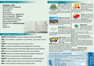 e sua família para fazer parte do projeto sopão, que é realizado aqui na
igreja a cada quinze dias, com 70 famílias. Precisamos de colaboradores
para continuar essa obra. Seja um parceiro! Fale com Wagner Yally.
■ Registrar em ata a solidariedade ao Presb. Wagner/Betânia pela
morte Igor;
■ Comunicar da contribuição ao PCPB no valor de 365,00;
■ Registrar um voto de apreciação pelas festividades do quarto
aniversário da IPZS;
■ Receber e aprovar o relatório da Congregação do Alto Branco;
■ Aprovar a comprar cortina para púlpito e persiana para porta;
■ Realizar a primeira ceia e batismo na Congregação do Alto branco no
dia 14/04 às 18:30h;
■ Marcar para o dia 19 de maio a assembleia extraordinária, na ocasião
da EBD, com a eleição para o diaconato (duas vagas), eleição para o
presbiterado (uma vaga), tendo como indicação o Presb. Geraldo Júnior
a reeleição, e a eleição para pastor da igreja, sendo indicado o Rev. Joab
Barbosa a reeleição. Todos com mandatos a cumprir de janeiro de 2013
a janeiro de 2018.
Culto Vespertino – 18:30 h
■ Prelúdio Instrumental- Grupo Louvor
■ Convite à Adoração
■ Leitura Bíblica
■ Crianças no Altar
■ Leitura Bíblica Alternada - (Salmo 119. 1-11)
■ Cânticos Congregacionais - Grupo Louvor
■ Consagração dos Dízimos e Ofertas
■ Cântico Preparatório para a Mensagem
■ Oração pela Mensagem Bíblica
■ Mensagem Bíblica- Presbítero Ricardo Aragão
■ Avisos
■ Oração Final
DIRIGENTE- BEM-AVENTURADOS os retos em seus caminhos, que andam na lei do SENHOR.
IGREJA - Bem-aventurados os que guardam os seus testemunhos, e que o buscam com todo o
coração.
DIRIGENTE - E não praticam iniquidade, mas andam nos seus caminhos.
IGREJA - Tu ordenaste os teus mandamentos, para que diligentemente os observássemos.
DIRIGENTE - Quem dera que os meus caminhos fossem dirigidos a observar os teus mandamentos.
IGREJA - Então não ficaria confundido, atentando eu para todos os teus mandamentos.
DIRIGENTE - Louvar-te-ei com retidão de coração quando tiver aprendido os teus justos juízos.
IGREJA - Observarei os teus estatutos; não me desampares totalmente.
DIRIGENTE - Com que purificará o jovem o seu caminho? Observando-o conforme a tua palavra.
IGREJA - Com todo o meu coração te busquei; não me deixes desviar dos teus mandamentos.
TODOS - Escondi a tua palavra no meu coração, para eu não pecar contra ti.
(Salmo 119. 1-11)
ACONTECEU E FOI BENÇÃO - As irmãs
da igreja e alguns irmãos da UPH foram
à Cidade de Lagoa Seca na última sexta-
feira a, precisamente no abrigo de
idosos, para evangelizar, pregar a
palavra e
louvar e Deus. Foi uma tarde de muitas experiências, onde Deus nos
levou a ver de perto o sofrimento de pessoas que vivem em solidão,
longe de seus familiares.
ceia e o recebimento de duas pessoas como membros, sendo um por
transferência e outro por batismo e profissão de fé.
CONGREGAÇÃO DO ALTO BRANCO- A
Congreção no Alto Branco está de
parabéns. Hoje foi realizado o primeiro
culto do domingo a noite, e para glória de
Deus, o Rev. Joab ministrou a primeira
momento de crescimento, com estudos, louvor, palavra e a participação
dos jovens tirando suas dúvidas com os nossos irmãos Clovis e Vanessa.
Venha fazer parte desse projeto!
MINISTÉRIO JOVEM - Esse recado é para
você jovem. Tem sido uma benção as
reuniões dos jovens da IPZS. Têm
acontecido a cada quinze dias de cada mês
aqui na igreja. É sempre um
ANIVERSARIANTES DA SEMANA
18/04-Roberto Mozart Bezerra de Lima Filho
19/04-Moema A de Oliveira G. Romeiro
O Rev. Joab está ministrando um estudo do livro de Provérbios
cap.5, que será concluído na próxima reunião na casa de Márcio
Fook no dia 23 de abril.
ATENÇÃO HOMENS DA IPZS - A nossa
UPH vem realizando suas reuniões a
cada quinze dias de cada mês, e tem
sido um crescimento na vida dos irmãos.
AÇÃO SOCIAL - A obra social além ser uma
determinação de Deus em sua palavra,
deve ser motivo de alegria para nós que
fazemos a igreja do Senhor, por este
motivo convidamos você
MOMENTO COM DEUS- Começamos o
programa "Momento com Deus" na
rádio correio 98.1 FM. A programação
acontece todas as quintas-feiras, das
23:00h às 00:00h.
MOMENTO COM DEUS- Começamos o programa "Momento com
Deus" na rádio correio 98.1 FM. A programação acontece todas as
quintas-feiras, das 23:00h às 00:00h. É mais uma oportunidade
que Deus nos concede de proclamar a sua palavra. São momentos
de reflexão. Louvor, curiosidades bíblicas e a pregação da palavra
de Deus. Se você quer ser um patrocinador fale com o Presb.
Ricardo Aragão, responsável pelo programa
REUNIÃO DO CONSELHO
O Conselho da IPZS realizou sua reunião no
dia 09 de março para ouvir e deliberar por
diversos assuntos entre eles destacam-se:
 
