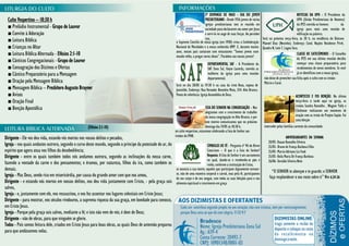 no culto vespertino, estaremos celebrando a Ceia do Senhor aos
irmãos da IPAB.
não deixe de preencher sua ficha após o culto com os irmãos
Márcio e Carol.
interceder pelas famílias carentes da comunidade.
Culto Vespertino – 18:30 h
■ Prelúdio Instrumental - Grupo de Louvor
■ Convite à Adoração
■ Leitura Bíblica
■ Crianças no Altar
■ Leitura Bíblica Alternada - Efésios 2:1-10
■ Cânticos Congregacionais - Grupo de Louvor
■ Consagração dos Dízimos e Ofertas
■ Cântico Preparatório para a Mensagem
■ Oração pela Mensagem Bíblica
■ Mensagem Bíblica – Presbítero Augusto Brayner
■ Avisos
■ Oração Final
■ Benção Apostólica
Dirigente - Ele vos deu vida, estando vós mortos nos vossos delitos e pecados,
Igreja - nos quais andastes outrora, segundo o curso deste mundo, segundo o príncipe da potestade do ar, do
espírito que agora atua nos filhos da desobediência;
Dirigente - entre os quais também todos nós andamos outrora, segundo as inclinações da nossa carne,
fazendo a vontade da carne e dos pensamentos; e éramos, por natureza, filhos da ira, como também os
demais.
Igreja - Mas Deus, sendo rico em misericórdia, por causa do grande amor com que nos amou,
Dirigente - e estando nós mortos em nossos delitos, nos deu vida juntamente com Cristo, - pela graça sois
salvos,
Igreja - e, juntamente com ele, nos ressuscitou, e nos fez assentar nos lugares celestiais em Cristo Jesus;
Dirigente - para mostrar, nos séculos vindouros, a suprema riqueza da sua graça, em bondade para conosco,
em Cristo Jesus.
Igreja - Porque pela graça sois salvos, mediante a fé; e isto não vem de vós; é dom de Deus;
Dirigente - não de obras, para que ninguém se glorie.
Todos - Pois somos feitura dele, criados em Cristo Jesus para boas obras, as quais Deus de antemão preparou
para que andássemos nelas.
(Efésios 2:1-10)
CLASSE DE CATECÚMENOS - O Conselho
da IPZS em sua última reunião decidiu
começar uma classe preparatória para
recebimentos de novos membros. Se você
já se identificou com a nossa igreja,
3º DOMINGO DE MAIO - DIA DO JOVEM
PRESBITERIANO - Desde 1936 jovens de várias
igrejas presbiterianas tem se reunido em
sociedade para declararem seu amor por Jesus
e servi-lo no auge de suas forças. Ao perceber
isto,
ANIVERSARIANTES DA SEMANA
20/05- Kauan Ramalho Silveira
25/05- Bruno de França Barbosa Filho
25/05- Marcio Adriano Lia Fook
25/05- Keila Maria De França Barbosa
26/06- Geraldo Silveira Neto
“O SENHOR te abençoe e te guarde; o SENHOR
faça resplandecer o seu rosto sobre ti” Nm 6.24-26
Será na próxima terça-feira, às 20 h, na residência do Diácono
Manoel Dias (Nezinho). Endereço: Cond. Nações Residence Privê,
Quadra N, Lote 7, Lagoa Seca.
NOTICIAS DA UPH - O Presidente da
UPH (União Presbiteriana de Homens)
da IPZS convida os homens da
igreja para mais uma reunião de
edificação na palavra.
o Supremo Concílio de nossa igreja (em 1938) criou a Confederação
Nacional de Mocidades e a nossa conhecida UMP. E, durante muitos
anos, nossos pais cantaram com entusiasmo: “Somos jovens num
mundo velho, a pregar novos ideais”. Parabéns aos nossos jovens!
DEPARTAMENTAL SAF - A Presidente da
SAF Zona Sul, Geyse Lacerda, convida as
mulheres da igreja para uma reunião
departamental.
ACONTECEU E FOI BENÇÃO. Na última
terça-feira à tarde aqui na igreja, os
irmãos Sandra Ramalho , Wagner Yally e
Cleidsmar realizaram um momento de
oração com as irmãs do Projeto Sopão. Foi
uma bênção
CEIA DO SENHOR NA CONGREGAÇÃO - Nos
alegramos com o crescimento do trabalho
da nossa congregação no Alto Branco, e por
este motivo comunicamos que no próximo
domingo dia 19/05 às 18:30 h,
Será no dia 28/05 às 19:30 h na casa da irmã Rosa, esposa de
Josenildo. Endereço: Rua Vereador Benedito Mota, 354. Alto Branco.
Ponto de referência: Igreja Assembléia de Deus.
SÍMBOLOS DE FÉ - Pergunta nº 96 do Breve
Catecismo – O que é a Ceia do Senhor?
Resposta: A Ceia do Senhor é um sacramento
no qual, dando-se e recebendo-se pão e
vinho, conforme a instituição de Cristo,
se anuncia a sua morte; aqueles que participam dignamente tornam-
se, não de uma maneira corporal e carnal, mas pela fé, participantes
do seu corpo e do seu sangue, com todas as suas bênçãos para o seu
alimento espiritual e crescimento em graça
 