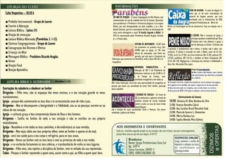 Culto Vespertino – 18:30 h
■ Prelúdio Instrumental - Grupo de Louvor
■ Convite à Adoração
■ Leitura Bíblica - Salmo 115
■ Oração de invocação
■ Leitura Bíblica Alternada (Provérbios 3. 1-12)
■ Cânticos Congregacionais - Grupo de Louvor
■ Consagração dos Dízimos e Ofertas
■ Crianças no Altar
■ Mensagem Bíblica - Presbítero Ricardo Aragão.
■ Avisos
■ Oração Final
■ Benção Apostólica
(Provérbios 3. 1-12)
Exortações da sabedoria a obedecer ao Senhor
Dirigentes - Filho meu, não te esqueças dos meus ensinos, e o teu coração guarde os meus
mandamentos;
Igreja - porque eles aumentarão os teus dias e te acrescentarão anos de vida e paz.
Dirigentes - Não te desamparem a benignidade e a fidelidade; ata-as ao pescoço; escreve-as na
tábua do teu coração.
Igreja - e acharás graça e boa compreensão diante de Deus e dos homens.
Dirigentes - Confia no Senhor de todo o teu coração e não te estribes no teu próprio
entendimento.
Igreja - Reconhece-o em todos os teus caminhos, e ele endireitará as tuas veredas.
Dirigentes - Não sejas sábio aos teus próprios olhos; teme ao Senhor e aparta-te do mal;
Igreja - será isto saúde para o teu corpo e refrigério, para os teus ossos.
Dirigentes - Honra ao Senhor com os teus bens e com as primícias de toda a tua renda;
Igreja - e se encherão fartamente os teus celeiros, e transbordarão de vinho os teus lagares.
Dirigentes - Filho meu, não rejeites a disciplina do Senhor, nem te enfades da sua repreensão.
Todos - Porque o Senhor repreende a quem ama, assim como o pai, ao filho a quem quer bem.
Federação, que acontecerá em novembro, onde a nossa SAf será a b
hospedeira.
SAF's desta Federação. Será mais uma oportunidade de evangelizar as
pessoas que fazem sua caminhada da tarde. Você mulher, participe
desse trabalho!
sob a direção do casal coordenador Clovis e Vanessa. São jovens
recebendo a palavra do Senhor.
Recife, em homenagem ao dia do seminarista. Faça sua doação com a
SAF!
é opcional, é mandamento; não é oferta, é dívida; não é sobra, são
primícias. O dízimo é ensinado em toda a Bíblia, antes da lei (Gn
14.20), na lei (Lv 27.30), nos livros históricos (Ne 12.44), poéticos (Pv
3.9,10), proféticos (Ml 3.8-12) e também no Novo Testamento (Mt
23.23; Hb 7.8). Negligenciar a devolução dos dízimos é infidelidade a
Deus. Rev. Hernandes Dias Lopes.
● O mundo é um livro, e quem fica sentado em casa lê somente uma página;
● A angústia de ter perdido, não supera a alegria de ter um dia possuído;
● Deus não será maior se o respeitas, mas tu serás maior se o servires;
● Na procura de DEUS é ELE quem se adianta e vem ao nosso encontro.
UM ANO DE BENÇÃO - A nossa Congregação do Alto Branco está
comemorando um ano de trabalho este fim de semana. Queremos
para parabenizar o Presbítero e Seminarista Augusto e sua esposa
Hellen, que tem desempenhado um bom trabalho, e ao o Rev.
Daniel Carneiro, que foi o instrumento de Deus na ministração do
tema muito abrangente e atual "A Família Segundo a Bíblia". A
IPZS foi representada pelos Presbíteros Ricardo Aragão, Geraldo
Jr. e o Pastor Joab.
OFICINA DE ARTESANATO - A SAF Zona
Sul promoverá na próxima terça (dia
20/08) aqui na igreja, às 14h uma
oficina de artesanato, com flores em
garrafa, que será para o Congresso da
Federação, que
CAIXA DA ALEGRIA - A caixa da alegria é o
nome que se dá para arrecadação de
material de higiene pessoal, que será
distribuído com os Seminaristas do SPN,
Seminário Presbiteriano do Norte em
O DÍZIMO. Não é invenção da igreja, é
princípio perpétuo estabelecido por Deus.
O dízimo não é dar dinheiro à igreja, é
ato de adoração ao Senhor. O dízimo não
é
Aniversariantes da Semana
18/08- Katiúscia B. Alves Barbosa da Silva
21/08- Vanessa Ramalho Cabral
22/08- Ana Carolina Brasil Marcelino Fook
23/08- Maria do Socorro L. Clementino
24/08- MArcia Barbosa Luz
24/08- Sophia Almeida Miná Golveia
I REUNIÃO DE CIRCULO - Os frutos do
EJC já começaram a aparecer através da
primeira reunião de círculo realizada
ontem à tarde, na casa do nosso irmão
Daniel Donato,
CAMINHADA EVANGELÍSTICA - A
Federação de SAF 'S do Presbitério da
Borborema realizará no dia 22/08 às 15
h, no Parque da Criança, uma
caminhada evangelística com todas as
Frases de Santo Agostinho:
● Não é tanto o que fazemos, mas o motivo
pelo qual fazemos que determina a bondade
ou a malícia.;
 