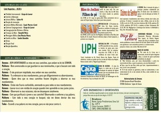 Culto Vespertino – 18:30 h
■ Prelúdio Instrumental - Grupo de Louvor
■ Convite à Adoração
■ Leitura Bíblica - Salmo 46
■ Oração de invocação
■ Leitura Bíblica Alternada - Casal: Marcio e Carol
■ Cânticos Congregacionais - Grupo de Louvor
■ Consagração dos Dízimos e Ofertas
■ Crianças no Altar - Danyelle Meira
■ Mensagem Bíblica-Sem.Messias Moura
■ Família no Altar - Sandra Ramalho
■ Avisos
■ Oração Final
■ Benção Apostólica
(Salmo 119. 1-11)
Homens - BEM-AVENTURADOS os retos em seus caminhos, que andam na lei do SENHOR.
Mulheres - Bem-aventurados os que guardam os seus testemunhos, e que o buscam com todo
o coração.
Homens - E não praticam iniqüidade, mas andam nos seus caminhos.
Mulheres - Tu ordenaste os teus mandamentos, para que diligentemente os observássemos.
Homens - Quem dera que os meus caminhos fossem dirigidos a observar os teus
mandamentos.
Mulheres - Então não ficaria confundido, atentando eu para todos os teus mandamentos.
Homens - Louvar-te-ei com retidão de coração quando tiver aprendido os teus justos juízos.
Mulheres - Observarei os teus estatutos; não me desampares totalmente.
Homens - Com que purificará o jovem o seu caminho? Observando-o conforme a tua palavra.
Mulheres - Com todo o meu coração te busquei; não me deixes desviar dos teus
mandamentos.
Todos - Escondi a tua palavra no meu coração, para eu não pecar contra ti.
dia 27/08, às 15 h aqui na igreja pelos filhos, juntamente com as
mães do Projeto Sopão. Venha fazer parte desse projeto!
dia 29/08, às 20 h casa da irmã Magdala, localizada na Rua Dep. José
Aurélio, N. 53, Catolé. Ponto de referência: Após o Clube Campestre, a
primeira rua à esquerda.
Cariri, localizada na Av. Brasil, Bairro das Nações. Ponto de
referência: vizinho ao prédio que fica ao lado do Palácio das Nações.
Vamos estudar sobre a "Regeneração Humana".
Seminário Presbiteriano do Norte em Recife, em homenagem ao dia
do seminarista. Faça sua doação com a SAF
não é opcional, é mandamento; não é oferta, é dívida; não é sobra, são
primícias. O dízimo é ensinado em toda a Bíblia, antes da lei (Gn
14.20), na lei (Lv 27.30), nos livros históricos (Ne 12.44), poéticos (Pv
3.9,10), proféticos (Ml 3.8-12) e também no Novo Testamento (Mt
23.23; Hb 7.8). Negligenciar a devolução dos dízimos é infidelidade a
Deus. Rev. Hernandes Dias Lopes.
muitos problemas e como se libertar de tais atos. Quem vive de acordo
com aparências e sem consistência provoca a si mesmo muitos
prejuízos e danos a seu caráter. Não deixe de ler!
● “Não fechemos, pois, por nossa desumanidade, a porta da
misericórdia de Deus, a qual se apresenta a nós tão liberalmente”.
●“Seja o que for que Deus tenha que fazer, inquestionavelmente o
fará, se ele o tiver prometido”.
● “A fé não consiste na ignorância, senão no conhecimento; e este
conhecimento há de se não somente de Deus, senão também de sua
divina vontade”.
Aniversariantes da Semana
27/08-Gustavo Brasil Marcelino
29/08-Cleidsmar Lopes de Sousa
NOTICIAS DA SAF - A Presidente da
SAF Zona Sul, Geyse Lacerda,
convida as mulheres da igreja para
uma reunião departamental. Será
na próxima quinta-feira,
PROJETO ANA- Orar pelos filhos é
tarefa de toda mãe. Por este
motivo, o Dep. Ana da SAF Zona
Sul estará orando na próxima
terça-feira,
O DÍZIMO. Não é invenção da igreja, é
princípio perpétuo estabelecido por
Deus. O dízimo não é dar dinheiro à
igreja, é ato de adoração ao Senhor. O
dízimo
REMOVENDO MÁSCARAS - O livro
Removendo Máscaras (Hernandes
Dias Lopes), da Editora Hagnos
mostra que não ser verdadeiro causa
muitos problemas e como
CAIXA DA ALEGRIA - A caixa da
alegria é o nome que se dá para
arrecadação de material de higiene
pessoal, que será distribuído com os
Seminaristas do SPN,
NOTICIAS DA UPH - O Presidente
da UPH, Josenildo de Lima, convida
os homens da igreja para mais
uma reunião. Será na próxima
terça-feira dia 27/08, às 20 h
residência do nosso irmão Jimi
Cariri,
FRASES DE CALVINO:
● “Por meio da fé, Cristo nos é
comunicado, através de quem chegamos
a Deus, e através de quem usufruímos
os benefícios da adoção”.
 