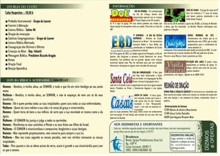 Culto Vespertino – 18:30 h
■ Prelúdio Instrumental - Grupo de Louvor
■ Convite à Adoração
■ Leitura Bíblica - Salmo 46
■ Oração de invocação
■ Cânticos Congregacionais - Grupo de Louvor
■ Leitura Bíblica Alternada
■ Consagração dos Dízimos e Ofertas
■ Crianças no Altar - Dep. Infantil
■ Mensagem Bíblica- Presbítero Ricardo Aragão
■ Avisos
■ Oração Final
■ Benção Apostólica
Salmo 103: 1 a 11
Homens - Bendize, ó minha alma, ao SENHOR, e tudo o que há em mim bendiga ao seu santo
nome.
Mulheres - Bendize, ó minha alma, ao SENHOR, e não te esqueças de nem um só de seus
benefícios.
Homens - Ele é quem perdoa todas as tuas iniqüidades; quem sara todas as tuas enfermidades;
Mulheres - Quem da cova redime a tua vida e te coroa de graça e misericórdia;
Homens - Quem farta de bens a tua velhice, de sorte que a tua mocidade se renova como a da
águia.
Mulheres - O SENHOR faz justiça e julga a todos os oprimidos.
Homens - Manifestou os seus caminhos a Moisés e os seus feitos aos filhos de Israel.
Mulheres - O SENHOR é misericordioso e compassivo; longânimo e assaz benigno.
Homens - Não repreende perpetuamente, nem conserva para sempre a sua ira.
Mulheres - Não nos trata segundo os nossos pecados, nem nos retribui consoante as nossas
iniqüidades.
Todos - Pois quanto o céu se alteia acima da terra, assim é grande a sua misericórdia para com
os que o temem.
às 15 h aqui na igreja. Por esse motivo pedimos aos irmãos que
façam doação de brinquedos novos ou usados. Procurem as irmãs da
SAF.
Em 19 de agosto de 1855, na cidade imperial de Petrópolis, no Rio de
Janeiro, eles dirigiram a primeira Escola Dominical em terras
brasileiras. Sua audiência não era grande; apenas cinco crianças
assistiram àquela aula. Mas foi suficiente para que seu trabalho
florescesse e alcançasse os lugares mais retirados de nosso país.
cada dia se firmando rumo à organização de uma nova igreja naquele
bairro. Parabéns ao Presb. e Seminarista Augusto e sua esposa
Hellen.
para os casais presentes. Você casal, venha crescer em conhecimento
com este grupo. Se você deseja uma reunião em sua casa, fale com
Jubervan ou Daniely.
Será no dia 28 de setembro a partir das 18:30h, na Granja de Netinho
e Alana, que fica localizada no Alvinho. Maiores informações com
Jubervan e Danyele.
começaram. Está acontecendo pela manhã na ocasião da EBD. Se você
tem interesse em se tornar membro da IPZS não pode ficar de fora.
Procure o casal Marcio e Carol e preencha sua ficha
prontamente, com alegria. Agende no tel. 8829-3334.
VENHA PARA A IGREJA ÀS QUARTAS! Se você precisa ter comunhão com
Deus através da oração, venha orar conosco, as reuniões de oração tem
sido uma benção, é um momento de clamor, testemunho, louvor e
palavra.
Aniversariantes da Semana
17/09-Aloisio de oliveira Nascimento
17/09-Grace Carlos Ramalho
18/09-José Augusto Brayner Neto
3º DOMINGO - O DIA DA ESCOLA
DOMINICAL - História da Escola
Dominical no Brasil - Os missionários
escoceses Robert e Sara Kalley são
considerados os fundadores da Escola
Dominical no Brasil.
DIA DA CRIANÇA - Em comemoração
ao dia da criança, haverá uma
programação especial com as crianças
do Projeto Sopão no dia 05 outubro,
LUAU DE CASAIS - O grupo de casais da IP
Zona Sul realizará o 1º Luau de Casais,
com louvor, palavra, testemunho e um
Coffee Break Tropical.
NOVOS MEMBROS DA IPZS -
Comunicamos aos irmãos que já se
identificaram com a IPZS, que as aulas
preparatórias para o recebimento de
novos membros já
GRUPO DE CASAIS - A nossa igreja
tem realizado reuniões para casais a
cada quinze dias do mês. Estamos
estudando o livro "Discipulando
casais", e tem sido um momento de
crescimento
CEIA NA CONGREGAÇÃO - O Rev. Joab
está hoje noite ministrando a Santa
Ceia do Senhor na Congregação do Alto
Branco. A nossa Congregação está a
VISITAÇÃO NOS LARES O pastor visita
regularmente as famílias da Igreja. Se
desejar, solicite uma visita em sua casa,
o pastor atenderá
 