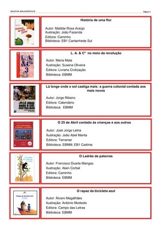 Página 3
L. A. & Cª no meio da revolução
Autor: Maria Mata
Ilustração: Susana Oliveira
Editora: Livraria Civilização
Biblioteca: EBMM
História de uma flor
Autor: Matilde Rosa Araújo
Ilustração: João Fazenda
Editora: Caminho
Biblioteca: EB1 Cantanhede Sul
O Ladrão de palavras
Autor: Francisco Duarte Mangas
Ilustração: Alain Corbel
Editora: Caminho
Biblioteca: EBMM
O 25 de Abril contado às crianças e aos outros
Autor: José Jorge Letria
Ilustração: João Abel Manta
Editora: Terramar
Biblioteca: EBMM; EB1 Cadima
BOLETIM BIBLIOGRÁFICO
Lá longe onde o sol castiga mais: a guerra colonial contada aos
mais novos
Autor: Jorge Ribeiro
Editora: Calendário
Biblioteca: EBMM
O rapaz da bicicleta azul
Autor: Álvaro Magalhães
Ilustração: António Modesto
Editora: Campo das Letras
Biblioteca: EBMM
 