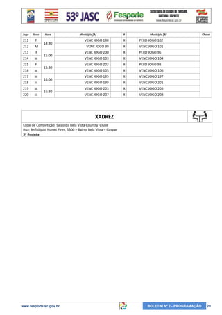 Jogo

Sexo

211

F

212

M

213

F

214

M

215

F

216

M

217

M

218

M

219

M

220

M

Hora

14:30
15:00
15:30
16:00
16:30

Município [A]

X

Município [B]

VENC JOGO 198

X

PERD JOGO 102

VENC JOGO 99

X

VENC JOGO 101

VENC JOGO 200

X

PERD JOGO 96

VENC JOGO 103

X

VENC JOGO 104

VENC JOGO 202

X

PERD JOGO 98

VENC JOGO 105

X

VENC JOGO 106

VENC JOGO 195

X

VENC JOGO 197

VENC JOGO 199

X

VENC JOGO 201

VENC JOGO 203

X

VENC JOGO 205

VENC JOGO 207

X

Chave

VENC JOGO 208

XADREZ
Local de Competição: Salão do Bela Vista Country Clube
Rua: Anfilóquio Nunes Pires, 5300 – Bairro Bela Vista – Gaspar
3ª Rodada

www.fesporte.sc.gov.br

BOLETIM Nº 2 - PROGRAMAÇÃO

20

 