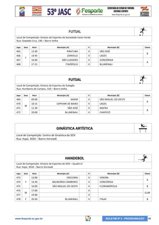 FUTSAL
Local de Competição: Ginásio de Esportes da Sociedade Vasto Verde
Rua: Oswaldo Cruz, 140 – Bairro Velha
Jogo

Sexo

Hora

Município [A]

X

Município [B]

465

13:30

PIRATUBA

X

SÃO JOSÉ

466

14:45

JOINVILLE

X

LAGES

16:00

SÃO LUDGERO

X

CONCÓRDIA

17:15

ITAIÓPOLIS

X

BLUMENAU

467

F

468

Chave

B
A

FUTSAL
Local de Competição: Ginásio de Esportes do Galegão
Rua: Humberto de Campos, 550 – Bairro Velha
Jogo

Sexo

Hora

Município [A]

X

Município [B]

469

09:00

XAXIM

X

SÃO MIGUEL DO OESTE

470

10:15

CAPIVARI DE BAIXO

X

LAGES

11:30

SÃO JOSÉ

X

MAFRA

20:00

BLUMENAU

X

CHAPECÓ

471

M

472

Chave

A
B

GINÁSTICA ARTÍSTICA
Local de Competição: Centro de Ginástica do SESI
Rua: Itajaí, 3434 – Bairro Vorstadt

HANDEBOL
Local de Competição: Ginásio de Esportes do SESI – Quadra 6
Rua: Itajaí, 3434 – Bairro Vorstadt
Jogo

Sexo

473
474

477
478

Município [A]

X

Município [B]

M
F

CRICIÚMA

X

VIDEIRA

14:30

BALNEÁRIO CAMBORIÚ

X

CONCÓRDIA

16:00

F

475
476

Hora

13:00

SÃO MIGUEL DO OESTE

X

FLORIANÓPOLIS

17:00

X

19:00

X

20:30

www.fesporte.sc.gov.br

BLUMENAU

X

Chave

A
B
ELIM

ITAJAÍ

BOLETIM Nº 2 - PROGRAMAÇÃO

B

40

 
