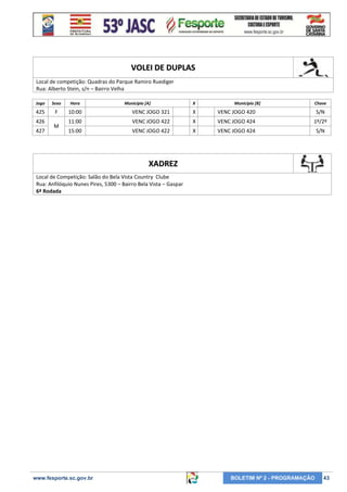 VOLEI DE DUPLAS
Local de competição: Quadras do Parque Ramiro Ruediger
Rua: Alberto Stein, s/n – Bairro Velha
Jogo

Sexo

Hora

425

F

10:00

VENC JOGO 321

X

VENC JOGO 420

S/N

11:00

VENC JOGO 422

X

VENC JOGO 424

1º/2º

15:00

VENC JOGO 422

X

VENC JOGO 424

S/N

426
427

M

Município [A]

X

Município [B]

Chave

XADREZ
Local de Competição: Salão do Bela Vista Country Clube
Rua: Anfilóquio Nunes Pires, 5300 – Bairro Bela Vista – Gaspar
6ª Rodada

www.fesporte.sc.gov.br

BOLETIM Nº 2 - PROGRAMAÇÃO

43

 