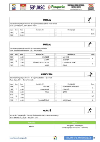 FUTSAL
Local de Competição: Ginásio de Esportes da Sociedade Vasto Verde
Rua: Oswaldo Cruz, 140 – Bairro Velha
Jogo

562
563

Sexo

F

Hora

Município [A]

X

19:00

X

20:15

Município [B]

X

Chave

ELIM

FUTSAL
Local de Competição: Ginásio de Esportes do Galegão
Rua: Humberto de Campos, 550 – Bairro Velha
Jogo

Sexo

Hora

Município [A]

X

Município [B]

564

16:00

CHAPECÓ

X

SÃO JOSÉ

565

17:15

MAFRA

X

JOAÇABA

18:30

SÃO MIGUEL DO OESTE

X

CAPIVARI DE BAIXO

19:45

LAGES

X

ITAJAÍ

566

M

567

Chave

B
A

HANDEBOL
Local de Competição: Ginásio de Esportes do SESI – Quadra 6
Rua: Itajaí, 3434 – Bairro Vorstadt
Jogo

Sexo

568
569

572
573

Município [A]

X

Município [B]

13:00

M
F

VIDEIRA

X

BALNEÁRIO CAMBORIÚ

14:30

CONCÓRDIA

X

CHAPECÓ

16:00

F

570
571

Hora

ITAJAÍ

X

IÇARA

17:00

X

20:30

FLORIANÓPOLIS

X

A
B

X

19:00

Chave

S/F
BLUMENAU

B

KARATÊ
Local de Competição: Ginásio de Esportes da Sociedade Ipiranga
Rua: São Paulo, 2929 – Itoupava Seca
HORÁRIO
8 horas

www.fesporte.sc.gov.br

LOCAL
Pesagem e competição
Kumite Equipe – masculino e feminino

BOLETIM Nº 2 - PROGRAMAÇÃO

48

 