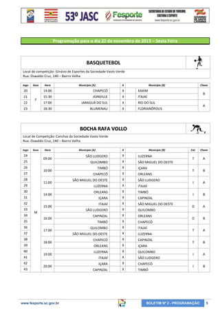 Programação para o dia 22 de novembro de 2013 – Sexta Feira

BASQUETEBOL
Local de competição: Ginásio de Esportes da Sociedade Vasto Verde
Rua: Oswaldo Cruz, 140 – Bairro Velha
Jogo

Sexo

Hora

Município [A]

X

Município [B]

20

14:00

CHAPECÓ

X

21

15:30

JOINVILLE

X

ITAJAÍ

17:00

JARAGUÁ DO SUL

X

RIO DO SUL

18:30

BLUMENAU

X

Chave

XAXIM

FLORIANÓPOLIS

22

F

23

B
A

BOCHA RAFA VOLLO
Local de Competição: Canchas da Sociedade Vasto Verde
Rua: Oswaldo Cruz, 140 – Bairro Velha
Jogo

Sexo

24

09:00

25
26

10:00

27
28

11:00

29
30

14:00

31
32
33
34
35
36
37
38
39
40
41
42
43

Hora

15:00
M
16:00
17:00
18:00
19:00
20:00

www.fesporte.sc.gov.br

Município [A]

X

Município [B]

SÃO LUDGERO

X

LUZERNA

QUILOMBO

X

SÃO MIGUEL DO OESTE

TIMBÓ

X

IÇARA

CHAPECÓ

X

ORLEANS

SÃO MIGUEL DO OESTE

X

SÃO LUDGERO

LUZERNA

X

ITAJAÍ

ORLEANS

X

TIMBÓ

IÇARA

X

CAPINZAL

ITAJAÍ

X

SÃO MIGUEL DO OESTE

SÃO LUDGERO

X

QUILOMBO

CAPINZAL

X

ORLEANS

TIMBÓ

X

CHAPECÓ

QUILOMBO

X

ITAJAÍ

SÃO MIGUEL DO OESTE

X

LUZERNA

CHAPECÓ

X

CAPINZAL

ORLEANS

X

IÇARA

LUZERNA

X

QUILOMBO

ITAJAÍ

X

SÃO LUDGERO

IÇARA

X

CHAPECÓ

CAPINZAL

X

TIMBÓ

Cat.

Chave

T

A

T

B

I

A

I

B

D

A

D

B

T

A

T

B

I

A

I

B

BOLETIM Nº 2 - PROGRAMAÇÃO

5

 