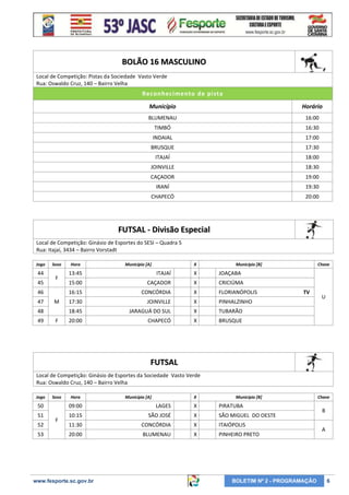 BOLÃO 16 MASCULINO
Local de Competição: Pistas da Sociedade Vasto Verde
Rua: Oswaldo Cruz, 140 – Bairro Velha

Reconhecimento de pi sta
Município

Horário

BLUMENAU

16:00

TIMBÓ

16:30

INDAIAL

17:00

BRUSQUE

17:30

ITAJAÍ

18:00

JOINVILLE

18:30

CAÇADOR

19:00

IRANÍ

19:30

CHAPECÓ

20:00

FUTSAL - Divisão Especial
Local de Competição: Ginásio de Esportes do SESI – Quadra 5
Rua: Itajaí, 3434 – Bairro Vorstadt
Jogo

44
45

Sexo

X

Município [B]

F

ITAJAÍ

X

15:00

CAÇADOR

X

CRICIÚMA

CONCÓRDIA

X

FLORIANÓPOLIS

17:30

JOINVILLE

X

PINHALZINHO

JARAGUÁ DO SUL

X

TUBARÃO

20:00

CHAPECÓ

X

Chave

JOAÇABA

18:45

M

48
49

Município [A]

16:15

F

46
47

Hora

13:45

BRUSQUE

TV

U

FUTSAL
Local de Competição: Ginásio de Esportes da Sociedade Vasto Verde
Rua: Oswaldo Cruz, 140 – Bairro Velha
Jogo

Sexo

Hora

Município [A]

X

Município [B]

50

09:00

LAGES

X

PIRATUBA

51

10:15

SÃO JOSÉ

X

SÃO MIGUEL DO OESTE

11:30

CONCÓRDIA

X

ITAIÓPOLIS

20:00

BLUMENAU

X

PINHEIRO PRETO

52
53

F

www.fesporte.sc.gov.br

BOLETIM Nº 2 - PROGRAMAÇÃO

Chave

B
A

6

 