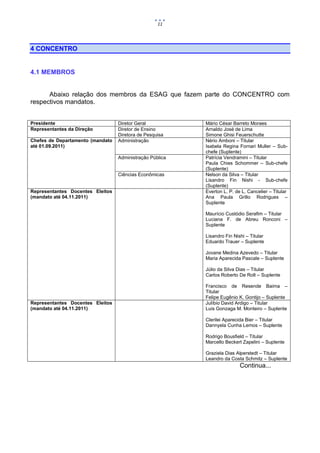11




4 CONCENTRO


4.1 MEMBROS


      Abaixo relação dos membros da ESAG que fazem parte do CONCENTRO com
respectivos mandatos.


Presidente                        Diretor Geral           Mário César Barreto Moraes
Representantes da Direção         Diretor de Ensino       Arnaldo José de Lima
                                  Diretora de Pesquisa    Simone Ghisi Feuerschutte
Chefes de Departamento (mandato   Administração           Nério Amboni – Titular
até 01.09.2011)                                           Isabela Regina Fornari Muller – Sub-
                                                          chefe (Suplente)
                                  Administração Pública   Patrícia Vendramini – Titular
                                                          Paula Chies Schommer – Sub-chefe
                                                          (Suplente)
                                  Ciências Econômicas     Nelson da Silva – Titular
                                                          Lisandro Fin Nishi - Sub-chefe
                                                          (Suplente)
Representantes Docentes Eleitos                           Everton L. P. de L. Cancelier – Titular
(mandato até 04.11.2011)                                  Ana Paula Grillo Rodrigues –
                                                          Suplente

                                                          Maurício Custódio Serafim – Titular
                                                          Luciana F. de Abreu Ronconi –
                                                          Suplente

                                                          Lisandro Fin Nishi – Titular
                                                          Eduardo Trauer – Suplente

                                                          Jovane Medina Azevedo – Titular
                                                          Maria Aparecida Pascale – Suplente

                                                          Júlio da Silva Dias – Titular
                                                          Carlos Roberto De Rolt – Suplente

                                                          Francisco de Resende Baima –
                                                          Titular
                                                          Felipe Eugênio K. Gontijo – Suplente
Representantes Docentes Eleitos                           Julíbio David Ardigo – Titular
(mandato até 04.11.2011)                                  Luis Gonzaga M. Monteiro – Suplente

                                                          Clerilei Aparecida Bier – Titular
                                                          Dannyela Cunha Lemos – Suplente

                                                          Rodrigo Bousfield – Titular
                                                          Marcello Beckert Zapelini – Suplente

                                                          Graziela Dias Alperstedt – Titular
                                                          Leandro da Costa Schmitz – Suplente
                                                                          Continua...
 