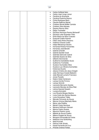 129


     Carlos Gofferjé Neto
     Carlos José Longo Júnior
     Carolina do Amarante
     Carolina Paulinha Branco
     Cintia Rodrigues Bach
     Claudia Dellome Maciel
     Cristiano Binotti Müller Carioba
     Cristiano Silva Moraes
     Dayane Ramos Silva
     Diego Trombetta
     Eduardo Henrique Pereira Michereff
     Eduardo Leite Kropiwiec Filho
     Erika Elaine da Silva Custodio
     Ezequiel Coelho Kremer
     Fábio vieira Alves Pequeno
     Federico Chaves Cotes
     Felipe Mendonça Hauers
     Fernanda Pereira Fernandes
     Fernando José Benetti
     Gabriel Chiarelli
     Gabriel Zanette Coral
     Gabriela Ostrovski Cabral
     Gabriela Soares da Silva
     Gilberto Dal Grande
     Guilherme Garbellotto Souto
     Guilherme Trombetta
     Gustavo Guimarães Silva
     Gustavo Luiz Oliveira Guimarães
     Indiamara Duarte
     Jéssica Cristina de Jesus Gregoli
     João Henrique Cizeski Balestrin
     João Manoel Lumertz Francisco
     Jonas Pizzatto
     Kelenn Sobé Centenaro
     Larissa Corrêa Firmino
     Larissa Schmitt
     Leonardo Bernardo Zanette
     Leonardo Mendes da Silva Platt
     Letícia Hasckel Gewehr
     Luciana Kornatzki
     Luiz Ricardo Borges Martins
     Luiza Carla dos Santos Mazera
     Luiza Gonçalves Telles
     Marcelo Fernando de Souza
     Marcos Vinicius Machado Maria
     Maria Julia Padilha
     Mariah Costa Henrique
     Mariana Hoffmann heinzen
     Marina Castro Soares
     Mauricio Pereira Junior
     Mileide de Souza Coelho
     Milene Chagas de Souza
     Morgana Giovanella de Farias
     Natacha Lima Schlichting
     Neoli Kunrath
     Patrícia Volk Schatz
     Paula Fernanda da Cruz
     Priscila Cristina Freitas
 
