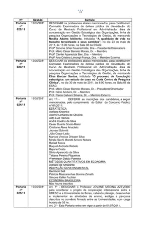 13


   Nº       Sessão                                      Súmula
Portaria   12/05/2011   DESIGNAR os professores abaixo mencionados, para constituírem
   nº                   Comissão Examinadora de defesa pública de dissertação, do
 022/11                 Curso de Mestrado Profissional em Administração, área de
                        concentração em Gestão Estratégica das Organizações, linha de
                        pesquisa Organizações e Tecnologias de Gestão, do mestrando
                        Natália Adams Iokilevitc, intitulada “A qualidade de vida no
                        trabalho terceirizado e seus sentidos”, no dia 23 de maio de
                        2011, às 15:00 horas, na Sala 08 da ESAG:
                        Profª Simone Ghisi Feuerschütte, Dra.– Presidente/Orientadora
                        Prof. Mário César Barreto Morais, Dr. – Membro
                        Profª Clerilei Aparecida Bier, Dra. – Membro
                        Profª Ana Cristina Limongi-França, Dra. – Membro Externo
Portaria   12/05/2011   DESIGNAR os professores abaixo mencionados, para constituírem
   nº                   Comissão Examinadora de defesa pública de dissertação, do
 023/11                 Curso de Mestrado Profissional em Administração, área de
                        concentração em Gestão Estratégica das Organizações, linha de
                        pesquisa Organizações e Tecnologias de Gestão, da mestranda
                        Elisa Kretzer Santos, intitulada “O processo de formulação
                        estratégica: um estudo de caso no Coris Centro de Pesquisa
                        Clinica”, no dia 30 de maio de 2011, às 8:00 horas, na Sala 08 da
                        ESAG:
                        Prof. Mário César Barreto Moraes, Dr.– Presidente/Orientador
                        Prof. Nério Amboni, Dr. – Membro
                        Prof. Pierre Galvani Silveira, Dr. – Membro Externo
Portaria   19/05/2011   Art. 1o. -       DEFERIR as inscrições dos candidatos, a seguir
   nº                   mencionados, pelo cumprimento do Edital do Concurso Público
 024/11                 nº 01/2011:
                        ESTATÍSTICA
                        Adriana Kroenke
                        Ademir Linhares de Oliveira
                        Ailto Luiz Ramos
                        André Coelho da Silva
                        Cesar Duarte Souto-Maior
                        Cristiane Alves Anacleto
                        Jeovani Schmitt
                        Júlio Cesar Leão
                        Marcus Vinicius Drissen Silva
                        Mirela Sechi Moretti Annoni Notare
                        Rafael Tezza
                        Raquel Andrade Rebelo
                        Rejane Costa
                        Silvio Aparecido da Silva
                        Tatiana Pereira Filgueiras
                        Wemerson Delcio Parreira
                        MÉTODOS QUANTITATIVOS EM ECONOMIA
                        Adriano de Amarante
                        INOVAÇÃO GOVERNAMENTAL
                        Denílson Sell
                        Patrícia Mascarenhas Bonina Zimath
                        Simone Keller Fuchter
                        ECONOMIA BRASILEIRA
                        Não houve inscritos
Portaria   19/05/2011   Art. 1º - DESIGNAR o Professor JOVANE MEDINA AZEVEDO
   nº                   para coordenar o projeto de cooperação internacional entre a
 025/11                 UDESC e a Universidade de Boras, cabendo planejar, desenvolver
                        e implementar as atividades de ensino, estágio e pesquisa
                        descritos no convênio firmado entre as Universidades; com carga
                        horária de 05 hs.
                        Art. 2º - Esta Portaria entra em vigor a partir de 01/07/2011.
 