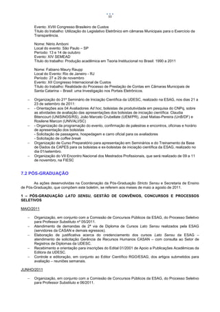 55


       Evento: XVIII Congresso Brasileiro de Custos
       Título do trabalho: Utilização do Legislativo Eletrônico em câmaras Municipais para o Exercício da
       Transparência.

       Nome: Nério Amboni
       Local do evento: São Paulo – SP
       Período: 13 e 14 de outubro
       Evento: XIV SEMEAD
       Título do trabalho: Produção acadêmica em Teoria Institucional no Brasil: 1990 a 2011

       Nome: Fabiano Maury Raupp
       Local do Evento: Rio de Janeiro - RJ
       Período: 27 a 29 de novembro
       Evento: XII Congresso Internacional de Custos
       Título do trabalho: Realidade do Processo de Prestação de Contas em Câmaras Municipais de
       Santa Catarina – Brasil: uma Investigação nos Portais Eletrônicos.

      Organização do 21º Seminário de Iniciação Científica da UDESC, realizado na ESAG, nos dias 21 a
       23 de setembro de 2011:
      - Orientações aos 04 Avaliadores Ad hoc, bolsistas de produtividade em pesquisa do CNPq, sobre
       as atividades de avaliação das apresentações dos bolsistas de iniciação científica: Claudia
       Bitencourt (UNISINOS/RS), João Marcelo Crubellate (UEM/PR), José Matias-Pereira (UnB/DF) e
       Rosilene Marcon (UNIVALI/SC)
      - Organização da programação do evento, confirmação de palestras e encontros, oficinas e horário
       de apresentação dos bolsistas
       - Solicitação de passagens, hospedagem e carro oficial para os avaliadores
       - Solicitação de coffee break
      Organização de Curso Preparatório para apresentação em Seminários e do Treinamento da Base
       de Dados da CAPES para os bolsistas e ex-bolsistas de iniciação científica da ESAG, realizado no
       dia 01/setembro.
      Organização do VII Encontro Nacional dos Mestrados Profissionais, que será realizado de 09 a 11
       de novembro, na FIESC


7.2 PÓS-GRADUAÇÃO

       As ações desenvolvidas na Coordenação da Pós-Graduação Stricto Sensu e Secretaria de Ensino
de Pós-Graduação, que compõem este boletim, se referem aos meses de maio a agosto de 2011.

1 – PÓS-GRADUAÇÃO LATO SENSU, GESTÃO DE CONVÊNIOS, CONCURSOS E PROCESSOS
SELETIVOS

MAIO/2011

      Organização, em conjunto com a Comissão de Concursos Públicos da ESAG, do Processo Seletivo
       para Professor Substituto nº 05/2011.
      Atendimento de demandas de 2ª via de Diploma de Cursos Lato Sensu realizados pela ESAG
       (servidores da CASAN e demais egressos).
      Elaboração de justificativa acerca do credenciamento dos cursos Lato Sensu da ESAG –
       atendimento de solicitação Gerência de Recursos Humanos CASAN – com consulta ao Setor de
       Registros de Diplomas da UDESC.
      Recebimento e orientação para inscrições do Edital 01/2001 de Apoio a Publicações Acadêmicas da
       Editora da UDESC.
      Controle e editoração, em conjunto ao Editor Científico RGO/ESAG, dos artigos submetidos para
       avaliação – reuniões semanais.

JUNHO/2011

      Organização, em conjunto com a Comissão de Concursos Públicos da ESAG, do Processo Seletivo
       para Professor Substituto e 06/2011.
 