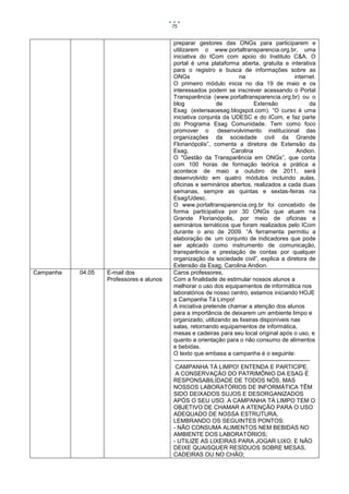 75


                                          preparar gestores das ONGs para participarem e
                                          utilizarem o www.portaltransparencia.org.br, uma
                                          iniciativa do ICom com apoio do Instituto C&A. O
                                          portal é uma plataforma aberta, gratuita e interativa
                                          para o registro e busca de informações sobre as
                                          ONGs                              na                          internet.
                                          O primeiro módulo inicia no dia 19 de maio e os
                                          interessados podem se inscrever acessando o Portal
                                          Transparência (www.portaltransparencia.org.br) ou o
                                          blog                  de                 Extensão                     da
                                          Esag (extensaoesag.blogspot.com). “O curso é uma
                                          iniciativa conjunta da UDESC e do ICom, e faz parte
                                          do Programa Esag Comunidade. Tem como foco
                                          promover o desenvolvimento institucional das
                                          organizações da sociedade civil da Grande
                                          Florianópolis”, comenta a diretora de Extensão da
                                          Esag,                         Carolina                         Andion.
                                          O "Gestão da Transparência em ONGs”, que conta
                                          com 100 horas de formação teórica e prática e
                                          acontece de maio a outubro de 2011, será
                                          desenvolvido em quatro módulos incluindo aulas,
                                          oficinas e seminários abertos, realizados a cada duas
                                          semanas, sempre as quintas e sextas-feiras na
                                          Esag/Udesc.
                                          O www.portaltransparencia.org.br foi concebido de
                                          forma participativa por 30 ONGs que atuam na
                                          Grande Florianópolis, por meio de oficinas e
                                          seminários temáticos que foram realizados pelo ICom
                                          durante o ano de 2009. “A ferramenta permitiu a
                                          elaboração de um conjunto de indicadores que pode
                                          ser aplicado como instrumento de comunicação,
                                          transparência e prestação de contas por qualquer
                                          organização da sociedade civil”, explica a diretora de
                                          Extensão da Esag, Carolina Andion.
Campanha   04.05   E-mail dos             Caros professores,
                   Professores e alunos   Com a finalidade de estimular nossos alunos a
                                          melhorar o uso dos equipamentos de informática nos
                                          laboratórios de nosso centro, estamos iniciando HOJE
                                          a Campanha Tá Limpo!
                                          A iniciativa pretende chamar a atenção dos alunos
                                          para a importância de deixarem um ambiente limpo e
                                          organizado, utilizando as lixeiras disponíveis nas
                                          salas, retornando equipamentos de informática,
                                          mesas e cadeiras para seu local original após o uso, e
                                          quanto a orientação para o não consumo de alimentos
                                          e bebidas.
                                          O texto que embasa a campanha é o seguinte:
                                          ----------------------------------------------------------------------
                                           CAMPANHA TÁ LIMPO! ENTENDA E PARTICIPE.
                                           A CONSERVAÇÃO DO PATRIMÔNIO DA ESAG É
                                          RESPONSABILIDADE DE TODOS NÓS, MAS
                                          NOSSOS LABORATÓRIOS DE INFORMÁTICA TÊM
                                          SIDO DEIXADOS SUJOS E DESORGANIZADOS
                                          APÓS O SEU USO. A CAMPANHA TÁ LIMPO TEM O
                                          OBJETIVO DE CHAMAR A ATENÇÃO PARA O USO
                                          ADEQUADO DE NOSSA ESTRUTURA,
                                          LEMBRANDO OS SEGUINTES PONTOS:
                                          - NÃO CONSUMA ALIMENTOS NEM BEBIDAS NO
                                          AMBIENTE DOS LABORATÓRIOS;
                                          - UTILIZE AS LIXEIRAS PARA JOGAR LIXO, E NÃO
                                          DEIXE QUAISQUER RESÍDUOS SOBRE MESAS,
                                          CADEIRAS OU NO CHÃO;
 