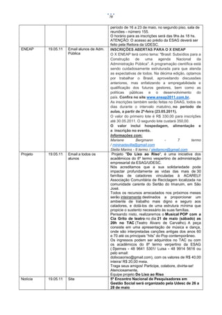 78


                                            período de 16 a 23 de maio, no segundo piso, sala de
                                            reuniões - número 155.
                                            O horário para as inscrições será das 9hs às 18 hs.
                                            ATENÇÃO: O acesso ao prédio da ESAG deverá ser
                                            feito pela Reitora da UDESC.
ENEAP     19.05.11   Email alunos de Adm.   INSCRIÇÕES ABERTAS PARA O X ENEAP
                     Pública                O X ENEAP terá como tema: "Brasil: Subsídios para a
                                            Construção      de    uma      agenda    Nacional    da
                                            Administração Pública". A programação científica está
                                            sendo cuidadosamente estruturada para que atenda
                                            as expectativas de todos. Na décima edição, optamos
                                            por trabalhar o Brasil, aproveitando discussões
                                            anteriores, mas enfatizando a empregabilidade e
                                            qualificação dos futuros gestores, bem como as
                                            políticas públicas e o desenvolvimento do
                                            país. Confira no site www.eneap2011.com.br.
                                            As inscrições também serão feitas no DAAG, todos os
                                            dias durante o intervalo matutino, no período de
                                            aulas, a partir de 2ª-feira (23.05.2011).
                                            O valor do primeiro lote é R$ 330,00 para inscrições
                                            até 30.05.2011. O segundo lote custará 350,00.
                                            O valor inclui hospedagem, alimentação e
                                            a inscrição no evento.
                                            Informações com:
                                            Mariane         Bergmann          -       7       termo
                                            / mininadavilla@gmail.com
                                            Stella Marins - 8 termo / stellamcn@gmail.com
Projeto   19.05.11   Email a todos os        Projeto "Do Lixo ao Riso", é uma iniciativa dos
                     alunos                 acadêmicos do 8º termo vespertino de administração
                                            empresarial da ESAG/UDESC.
                                            Nós acreditamos que a sua solidariedade pode
                                            impactar profundamente as vidas das mais de 30
                                            famílias de catadores vinculadas à ACARELI!
                                            Associação Comunitária de Reciclagem localizada na
                                            comunidade carente do Sertão do Imaruim, em São
                                            José.
                                            Todos os recursos arrecadados nos próximos meses
                                            serão inteiramente destinados a proporcionar um
                                            ambiente de trabalho mais digno e seguro aos
                                            catadores, e dotá-los de uma estrutura mínima que
                                            propicie o sustento necessário às suas famílias.
                                            Pensando nisto, realizaremos o Musical POP com a
                                            Cia Grito de teatro no dia 21 de maio (sábado) as
                                            20h no TAC (Teatro Álvaro de Carvalho). A peça
                                            consiste em uma apresentação de música e dança,
                                            onde são interpretadas canções antigas dos anos 60
                                            e 70 até os principais “hits” do Pop contemporâneo.
                                            Os ingressos podem ser adquiridos no TAC ou com
                                            os acadêmicos do 8º termo verpertino da ESAG
                                            ( Djeimes - 48 9641 5301/ Luisa - 48 9914 5616 ou
                                            pelo email:
                                            dolixoaoriso@gmail.com), com os valores de R$ 40,00
                                            inteira/ R$ 20,00 meia.
                                            Traga seus amigos! Participe, colabore, divirta-se!
                                            Atenciosamente,
                                            Equipe projeto Do Lixo ao Riso
Notícia   19.05.11   Site                   5º Encontro Nacional de Pesquisadores em
                                            Gestão Social será organizado pela Udesc de 26 a
                                            28 de maio
 