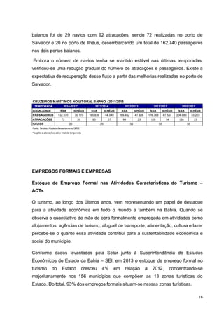 16
baianos foi de 29 navios com 92 atracações, sendo 72 realizadas no porto de
Salvador e 20 no porto de Ilhéus, desembarcando um total de 162.740 passageiros
nos dois portos baianos.
Embora o número de navios tenha se mantido estável nas últimas temporadas,
verificou-se uma redução gradual do número de atracações e passageiros. Existe a
expectativa de recuperação desse fluxo a partir das melhorias realizadas no porto de
Salvador.
EMPREGOS FORMAIS E EMPRESAS
Estoque de Emprego Formal nas Atividades Características do Turismo –
ACTs
O turismo, ao longo dos últimos anos, vem representando um papel de destaque
para a atividade econômica em todo o mundo e também na Bahia. Quando se
observa o quantitativo de mão de obra formalmente empregada em atividades como
alojamentos, agências de turismo; aluguel de transporte, alimentação, cultura e lazer
percebe-se o quanto essa atividade contribui para a sustentabilidade econômica e
social do município.
Conforme dados levantados pela Setur junto à Superintendência de Estudos
Econômicos do Estado da Bahia – SEI, em 2013 o estoque de emprego formal no
turismo do Estado cresceu 4% em relação a 2012, concentrando-se
majoritariamente nos 156 municípios que compõem as 13 zonas turísticas do
Estado. Do total, 93% dos empregos formais situam-se nessas zonas turísticas.
CRUZEIROS MARÍTIMOS NO LITORAL BAIANO - 2011/2015
TEMPORADA
LOCALIDADE SSA ILHÉUS SSA ILHÉUS SSA ILHÉUS SSA ILHÉUS SSA ILHÉUS
PASSAGEIROS 132.570 30.170 165.839 44.549 169.432 47.926 176.369 67.537 204.680 33.203
ATRACAÇÕES 72 20 85 27 94 25 105 34 135 23
NAVIOS
Fonte: Sindetur/Codeba/Levantamento DPEE
* sujeito a alterações até o final da temporada
2014-2015* 2013/2014 2012/2013 2011/2012 2010/2011
29 29 33 30 30
 