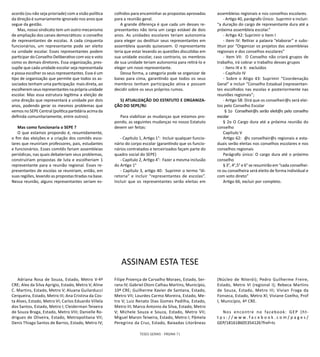 TESES GERAIS - PÁGINA 71
acordo (ou não seja prioriade) com a visão política
da direção é sumariamente ignorado nos anos que
segue da gestão.
Mas, nosso sindicato tem um outro mecanismo
de ampliação dos canais democráticos: o conselho
de representantes de escolas. A cada cinquenta
funcionários, um representante pode ser eleito
na unidade escolar. Esses representantes podem
participar do Conselho Deliberativo com voz e voto
como os demais diretores. Essa organização, pres-
supõe que cada unidade escolar seja representada
e possa escolher os seus representantes. Esse é um
tipo de organização que permite que todos os as-
sociados tenham uma participação mais direta, ao
escolheremseusrepresentantesnaprópriaunidade
escolar. Mas essa estrutura legitima a eleição de
uma direção que representará a unidade por dois
anos, podendo gerar os mesmos problemas que
vemos no SEPE Central (política partidária acima da
definida comunitariamente, entre outros).
Mas como funcionaria o SEPE ?
O que estamos propondo é, resumidamente,
o fim das eleições e a criação dos comitês esco-
lares que reuniriam professores, pais, estudantes
e funcionários. Esses comitês fariam assembleias
periódicas, nas quais debateriam seus problemas,
construíriam propostas de luta e escolheriam 1
representante para a reunião regional. Esses re-
presentantes de escolas se reuniriam, então, em
suas regiões, levando as propostas tiradas na base.
Nessa reunião, alguns representantes seriam es-
colhidos para encaminhar as propostas aprovadas
para a reunião geral.
A grande diferença é que cada um desses re-
presentantes não teria um cargo estável de dois
anos. As unidades escolares teriam autonomia
para eleger ou destituir seus representantes em
assembleia quando quisessem. O representante
teria que estar levando as questões discutidas em
sua unidade escolar, caso contrario, os membros
de sua unidade teriam autonomia para retirá-lo e
eleger um novo representante.
Dessa forma, a categoria pode se organizar de
baixo para cima, garantindo que todos os seus
membros tenham participação ativa e possam
decidir sobre os seus próprios rumos.
5) ATUALIZAÇÃO DO ESTATUTO E ORGANIZA-
ÇÃO DO SEPE/RJ:
Para viabilizar as mudanças que estamos pro-
pondo, as seguintes mudanças no nosso Estatuto
devem ser feitas:
	 	 	
- Capítulo 1, Artigo 1°: Incluir qualquer funcio-
nário do corpo escolar (garantindo que os funcio-
nários contratados e terceirizados façam parte do
quadro social do SEPE)
- Capítulo 2, Artigo 4°: Fazer a mesma inclusão
do Artigo 1°
- Capítulo 3, artigo 40: Suprimir o termo “di-
retoria” e incluir “representantes de escolas”.
Incluir que os representantes serão eleitas em
assembleias regionais e nos conselhos escolares.
- Artigo 40, parágrafo Único: Suprimir e incluir:
“a duração do cargo de representante dura até a
próxima assembleia escolar.”
- Artigo 42: Suprimir o Item I
- Item IV: Retirar a palavra “elaborar” e subs-
tituir por “Organizar os projetos das assembleias
regionais e dos conselhos escolares”
- Item VII: O Conselho não criará grupos de
trabalho, irá cobrar o trabalho desses grupos
- Itens IX e X: excluídos
- Capítulo IV
- Sobre o Atigo 43: Suprimir “Coordenação
Geral” e incluir “Conselho Estadual (representan-
tes escolhidos nas escolas e posteriormente nas
reuniões regionais”;
- Artigo 58: Dirá que os conselheir@s será elei-
tos pelo Conselho Escolar
§ 1o Conselheir@s serão eleit@s pelo conselho
escolar
§ 2o O Cargo dura até a próxima reunião do
conselho
Capítulo V
Artigo 62: @s conselheir@s regionais e esta-
duais serão eleitas nos conselhos escolares e nos
conselhos regionais
Parágrafo único: O cargo dura até o próximo
conselho
§ 3°, 4°,5° e 6° se resumirão em “cada conselhei-
ro ou conselheira será eleito de forma individual e
com voto direto”
Artigo 66, excluir por completo.
ASSINAM ESTA TESE
Adriana Rosa de Souza, Estado, Metro V-4ª
CRE; Alex da Silva Aprigio, Estado, Metro V; Aline
C. Martins, Estado, Metro V; Aluana Guilarducci
Cerqueira, Estado, Metro III; Ana Cristina da Cos-
ta Alves, Estado, Metro VI; Carlos Eduardo Villela
dos Santos, Estado, Metro I; Cleiderman Teixeira
de Souza Braga, Estado, Metro VIII; Danielle Ro-
drigues de Oliveira, Estado, Metropolitana VII;
Denis Thiago Santos de Barros, Estado, Metro IV;
Filipe Proença de Carvalho Moraes, Estado, Ser-
rana IV; Gabriel Otoni Calhau Martins, Município,
10ª CRE; Guilherme Xavier de Santana, Estado,
Metro VII; Lourdes Carmo Moreira, Estado, Me-
tro V; Luiz Renato Dias Gomes Padilha, Estado,
Metro III; Marco Antonio da Silva, Estado, Metro
V; Michele Souza e Souza, Estado, Metro VII;
Miguel Maron Teixeira, Estado, Metro I; Pâmela
Peregrino da Cruz, Estado, Baixadas Litorâneas
(Núcleo de Niterói); Pedro Guilherme Freire,
Estado, Metro VI (regional I); Rebeca Martins
de Souza, Estado, Metro III; Vivian Fraga da
Fonseca, Estado, Metro XI; Viviane Coelho, Prof
I, Município, 4ª CRE.
Nos encontre no facebook: GEP (ht-
t p s : / / w w w . f a c e b o o k . c o m / p a g e s /
GEP/181618605354126?fref=ts
 