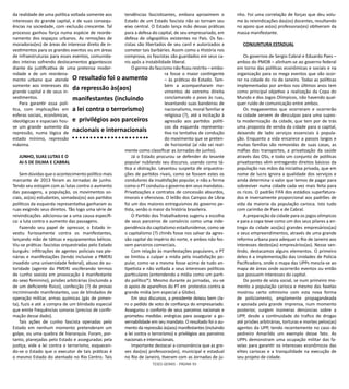 TESES GERAIS - PÁGINA 93
da realidade de uma política voltada somente aos
interesses do grande capital, e de suas consequ-
ências na sociedade, com exclusão crescente. Tal
processo ganhou força numa espécie de reorde-
namento dos espaços urbanos. As remoções de
moradoras(es) de áreas de interesse direto de in-
vestimentos para os grandes eventos ou em áreas
de infraestruturas para esses eventos, comunida-
des inteiras sofrendo deslocamentos gigantescos
diante da justificativa de uma pretensa moder-
nidade e de um reordena-
mento urbano que atende
somente aos interesses do
grande capital e de seus in-
vestimentos.
Para garantir essa polí-
tica, com implicações em
esferas sociais, econômicas,
ideológicas e espaciais hou-
ve um grande aumento da
repressão, numa lógica de
estado mínimo, repressão
máxima.
JUNHO, SUAS LUTAS E O
AI-5 DE DILMA E CABRAL
Sem dúvidas que o acontecimento político mais
marcante de 2013 foram as Jornadas de junho.
Tendo seu estopim com as lutas contra o aumento
das passagens, a população, os movimentos so-
ciais, as(os) estudantes, somadas(os) aos partidos
políticos da esquerda representativa ganharam as
ruas exigindo seus direitos. Tão logo uma série de
reivindicações adicionou-se a uma causa específi-
ca: a luta contra o aumento das passagens.
Fazendo seu papel de opressor, o Estado in-
vestiu furiosamente contra os manifestantes,
lançando mão de táticas e equipamentos bélicos.
Viu-se práticas fascistas orquestradas pelo Estado
burguês: infiltrações de agentes policiais nas ple-
nárias e manifestações (tendo inclusive a PMERJ
invadido uma universidade federal), abuso de au-
toridade (agente da PMERJ vociferando termos
de cunho sexista em provocação à manifestante
do sexo feminino), prisões arbitrárias (incluindo a
de um deficiente físico), confecção (?) de provas
incriminando manifestantes, uso de blindados de
operação militar, armas químicas (gás de pimen-
ta), fuzis e até a compra de um blindado especial
que emite frequências sonoras (preciso de confir-
mação desse dado).
Tais ações de cunho fascista operadas pelo
Estado em nenhum momento pretenderam um
golpe, ou uma quebra de hierarquia. Foram, por-
tanto, planejadas pelo Estado e asseguradas pela
justiça, vide a lei contra o terrorismo, esquecen-
do-se o Estado que o executor de tais práticas é
o mesmo Estado do atentado no Rio Centro. Tais
tendências fascistizantes, embora aproximem o
Estado de um Estado fascista não se tornam seu
eixo central. O Estado lança mão dessas práticas
para a defesa do capital, de seu empresariado, em
defesa de oligopólios existentes no País. Os fas-
cistas são libertados de seu canil e autorizados a
cometer tais barbáries. Assim como a História nos
comprova, os fascistas são guardados em seus ca-
nis após a instabilidade liberal.
O germe do fascismo não ficou restrito – embo-
ra fosse o maior contingente
– às práticas do Estado. Tam-
bém a acompanharam mo-
vimentos de extrema direita
conclamando o povo às ruas,
levantando suas bandeiras de
nacionalismo, moral familiar e
religiosa (?), até a incitação à
agressão aos partidos políti-
cos da esquerda representa-
tiva na tentativa de condução
do movimento que se preten-
de horizontal (aí não sei real-
mente como classificar as Jornadas de junho).
Já o Estado procurou se defender do levante
popular nublando seu discurso, usando como tá-
tica a distração. Levantou suspeita de orquestra-
ções de partidos rivais, como se fossem estes os
condutores da insatisfação popular, e não a forma
como o PT conduziu o governo em seus mandatos.
Privatizações e contratos de concessão absurdos,
imorais e ofensivos. O leilão dos Campos de Libra
foi um dos maiores entreguismos do governo pe-
tista, senão o maior da história brasileira.
O Partido dos Trabalhadores sugeriu a escolha
de seus parceiros de consórcio como uma inde-
pendência do capitalismo estadunidense, como se
o capitalismo (?) chinês fosse nos salvar da agres-
são capital do império do norte, e ambos não fos-
sem parceiros comerciais.
Com relação às manifestações populares, o PT
se limitou a culpar a mídia pela insatisfação po-
pular, como se a mesma fosse acima de tudo an-
tipetista e não voltada a seus interesses políticos
particulares (entendendo a mídia como um parti-
do político*). Mesmo durante as jornadas, viu-se
o apoio de aparelhos do PT em protestos contra a
grande mídia (em especial a Globo).
Em seus discursos, a presidente deixou bem cla-
ro o pedido de voto de confiança do empresariado.
Assegurou o conforto de seus parceiros nacionais e
prometeu medidas enérgicas para assegurar a go-
vernabilidade em seu mandato. O resultado foi o au-
mento da repressão às(aos) manifestantes (incluindo
a lei contra o terrorismo) e privilégios aos parceiros
nacionais e internacionais.
Importante destacar a consonância que as gre-
ves das(os) professoras(es), municipal e estadual
no Rio de Janeiro, tiveram com as Jornadas de ju-
nho. Foi uma correlação de forças que deu volu-
me às reivindicações das(os) docentes, resultando
no apoio que as(os) professoras(es) obtiveram da
massa manifestante.
CONJUNTURA ESTADUAL
Os governos de Sergio Cabral e Eduardo Paes –
ambos do PMDB – alinham-se ao governo federal
em torno das políticas econômicas e sociais e na
organização para os mega eventos que vão ocor-
rer na cidade do rio de Janeiro. Todas as políticas
implementadas por ambos nos últimos anos tem
como principal objetivo a realização da Copa do
Mundo e dos Jogos Olímpicos, não havendo qual-
quer ruído de comunicação entre ambos.
Os megaeventos que ocorreram e ocorrerão
na cidade servem de desculpas para uma supos-
ta modernização da cidade, que tem por de trás
uma proposta de venda da cidade para o capital,
deixando de lado serviços essenciais à popula-
ção. Enquanto a vida encarece a passos largos e
muitas famílias são removidas de suas casas, as
máfias dos transportes, a privatização da saúde
através das OSs, e todo um conjunto de políticas
privatizantes vêm entregando direitos básicos da
população nas mãos da iniciativa privada, que em
nome de lucro ignora a qualidade dos serviços e
ainda determina o valor que temos de pagar para
sobreviver numa cidade cada vez mais feita para
os ricos. O padrão FIFA dos estádios superfatura-
dos e inversamente proporcional aos padrões de
vida da maioria da população carioca. Isto tudo
com carimbo de Paes e de Cabral.
A preparação da cidade para os jogos olímpicos
e para a copa teve como um dos seus pilares a en-
trega da cidade aos(às) grandes empresários(as)
e seus empreendimentos, através de uma grande
reforma urbana para adequar o Rio de Janeiro aos
interesses destes(as) empresários(as). Nesse sen-
tindo, destacamos alguns elementos. O primeiro
deles é a implementação das Unidades de Polícia
Pacificadora, onde o mapa das UPPs mescla-se ao
mapa de áreas onde ocorrerão eventos ou então
que possuem interesses do capital.
Do ponto de vista social, se num primeiro mo-
mento a população carioca e mesmo das favelas
mostrou certo otimismo com esta nova forma
de policiamento, amplamente propagandeada
e apoiada pela grande imprensa, num momento
posterior, surgem inúmeras denúncias sobre a
UPP, desde a continuidade do trafico de drogas
até prisões arbitrárias, torturas e mortes pelos(as)
agentes da UPP, tendo recentemente no caso do
pedreiro Amarildo um exemplo desse fato. As
UPPs demonstram uma ocupação militar das fa-
velas para garantir os interesses econômicos das
elites cariocas e a tranquilidade na execução de
seu projeto de cidade.
O resultado foi o aumento
da repressão às(aos)
manifestantes (incluindo
a lei contra o terrorismo)
e privilégios aos parceiros
nacionais e internacionais
 