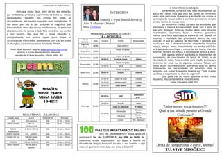 Continuação da seção anterior...
                                                                                                                                                                      O MINISTÉRIO DA ORAÇÃO
         Bom que nosso Deus, além de nos dar salvação,                                                                                                         Geralmente, o realizar traz mais recompensas do
                                                                                                             INTERCEDA                               que o ser. Talvez esta seja uma das razões de corrermos
paz verdadeira, proteção, suprimento de todas as nossas
                                                                                                                                                     tanto atrás das coisas. Queremos a aceitação dos outros, a
necessidades, também nos ensina em todas as                                                                                                          aprovação de nossas ações e por isso, precisamos sempre
circunstâncias, até mesmo naquelas mais complicadas. O
                                                                                          Anatoliy e Iryna Shmilikhovskyy
                                                                                                                                                     prestar contas de nossos atos.
seu amor por nós é tão profundo e magnífico que                               Area 5 - Europa Oriental                                                         No ministério cristão, no meio das atividades que
transcende ao amor dos nossos pais humanos. Se estes nos                      País: Ucrânia                                                          prestamos a Deus e à comunidade local, isso é mais do
abandonarem, Ele jamais o fará. Pelo contrário, nos acolhe                                                                                           que uma tentação: torna-se, muitas vezes, uma situação
                                                                                         PROGRAMAÇAO SEMANAL DA IGREJA –                             incontrolável. Queremos fazer o melhor, queremos
e nos socorre, seja qual for a nossa situação. E,
                                                                                               1 8 a 2 4 / 0 6 / 20 12                               realizar para Deus aquilo que se espera de nós. Qual é, no
principalmente, nos ensina, sejam quais forem as                                                                                                     entanto, a realidade das prioridades dentro de meu
circunstâncias vivenciadas. Aprendamos com Ele, em todas                    Dia da
                                                                           Semana
                                                                                           Data   Horário          Evento            Responsável     coração? O que eu valorizo de fato? Não é verdade que
as situações, para a nossa plena felicidade. Amém.                         Segunda-                                                                  aquilo que me é verdadeiramente importante encontra
                                                                                          18/06                   Folga pastoral                     espaço, tempo, amor, investimento em minha vida? Ou
                                                                             feira
   Fonte: Rede Mundial – página: www.ojornalbatista.com.br                                                       Pastor na igreja                    será que podemos chegar a concordar em teoria, mas não
                                                                           Terça-feira    19/06                                                      valorizar, de fato, na prática, a disciplina do serviço a Deus.
          Autoria: Ir. Carlos Alberto Martins Manvailer
       membro da IB Nova Jerusalém – Porto Velho - RO                                                            Pastor na igreja
                                                                                                                                                               Vale a pena lembrar que todos os movimentos de
                                                                      .   Quarta-feira    20/06                                                      avivamento, de crescimento da Igreja de Cristo, e de
                                                                                                  20:00 hs     Culto da Igreja          Edson        libertação de vidas, foi precedido pela oração dedicada e
                                                                                                                 Pastor na igreja                    fervorosa de uma, ou de algumas pessoas. Talvez, em
                                                                          Quinta-feira    21/06
                                                                                                  15:00 hs          MCA                 Marta        nosso século do imediatismo, queiramos ouvir os apelos
                                                                                                                 Pastor na igreja                    inclementes das necessidades de terceiros, mas, a
                                                                                                                                                     pergunta que subjaz à questão deveria ser: "Vale a pena
                                                                           Sexta-feira    22/06   20:00 hs         Oração              Francis
                                                                                                                                                     sacrificar o importante no altar do urgente?"
                                                                                                                                                               Orar pode não ser muito aparente e nem muito
                                                                                                  14:00 hs      Leões de Judá          Cláudio       reluzente, mas certamente é mais eficiente.
                                                                                                  14:30 hs      Adolescentes           Leandro                        Fonte: Calendário JMM 2012
                                                                            Sábado        23/06
                                                                                                  20:00 hs      Culto Jovem             Lúcio
                                    MISSÕES:
                                  NOSSO PAMPA,                                                                                       Adilomar e
                                                                                                  09:30 hs          EBD
                                  NOSSA JANELA                                                                                         prof.

                                    10-40!!!                                                      19:00 hs         Oração               todos
                                                                           Domingo        24/06               Culto de adoração       Pr. Ailton             Todos somos vocacionados!!!
                                                                                                                                      Marcos e             Qual a tua atitude perante a Grande
                                                                                                                 Introdução
                                                                                                  19:30 hs                              Eliane
                MEGATRANS - JULHO 2012                                                                           Cafezinho
                                                                                                                                      Rosane e
                                                                                                                                       Tatiele
                                                                                                                                                                       Comissão?
Cidade Base          Local          Voluntários         Período
   IJUI            IB Esperança        200         07 JUL – 15 JUL                                                 Louvor           Min. de louvor
URUGUAIANA             PIB de          100         14 JUL - 22 JUL
                  URUGUAIANA
    NOVO         IB BOAS NOVAS         200          14 JUL – 22 JUL
 HAMBURGO                                                                                   DIAS QUE IMPACTARÃO O BRASIL!
PORTO ALEGRE      COL. BATISTA         600          21 JUL – 29 JUL                        ESTÁ EM ANDAMENTO!!! Nossa igreja irá
CAXIAS DO SUL     PIB DE CAXIAS        200          21 JUL – 29 JUL       participar!! No dia 12/07/2012, das 00h às 06:00 hs,
                     DO SUL                                               estaremos sendo responsáveis por tapar a brecha na
  PELOTAS        PIB DE PELOTAS        200          21 JUL – 29 JUL
                                                                          Muralha de Oração Nacional! Escolha o seu horário e seja
SANTA MARIA       PIB DE SANTA         100          21 JUL – 29 JUL
                                                                          mais um guerreiro nesta luta, por amor a Cristo!!!
                                                                                                                                                        Deixa de compartilhar e curtir, apenas!
                      MARIA
                                                                                                                                                                 TU, VIVE MISSÕES!!!
 