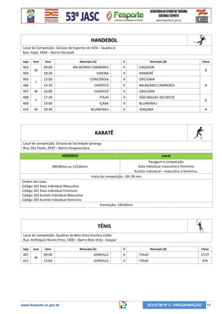 HANDEBOL
Local de Competição: Ginásio de Esportes do SESI – Quadra 6
Rua: Itajaí, 3434 – Bairro Vorstadt
Jogo

403
404
405
406
407
408
409
410

Sexo

M
F
M
F
M

Hora

Município [A]

X

Município [B]

09:00

BALNEÁRIO CAMBORIÚ

X

CAÇADOR

10:30

VIDEIRA

X

XANXERÊ

13:00

CONCÓRDIA

X

CRICIÚMA

14:30

CHAPECÓ

X

BALNEÁRIO CAMBORIÚ

16:00

CHAPECÓ

X

CRICIÚMA

17:30

ITAJAÍ

X

SÃO MIGUEL DO OESTE

19:00

IÇARA

X

BLUMENAU

20:30

BLUMENAU

X

Chave

JOAÇABA

B

A

B
A

KARATÊ
Local de competição: Ginásio da Sociedade Ipiranga
Rua: São Paulo, 2929 – Bairro Itoupava Seca

HORÁRIO

Local

09h30min as 11h30min

Pesagem e competição
Kata individual masculino e feminino
Kumite individual – masculino e feminino.
Inicio da competição: 13h 30 min

Ordem de Lutas:
Código 101 Kata Individual Masculino
Código 201 Kata Individual Feminino
Código 103 Kumite Individual Masculino
Código 203 Kumite Individual Feminino
Premiação: 19h30min

TÊNIS
Local de competição: Quadras do Bela Vista Country Clube
Rua: Anfilóquio Nunes Pires, 5300 – Bairro Bela Vista - Gaspar
Jogo

307
411

Sexo

M

Hora

Município [A]

X

Município [B]

Chave

09:00

JOINVILLE

X

ITAJAÍ

1º/2º

15:00

JOINVILLE

X

ITAJAÍ

S/N

www.fesporte.sc.gov.br

BOLETIM Nº 5 - PROGRAMAÇÃO

11

 