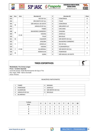 Jogo

Sexo

Hora

Município [A]

X

Município [B]

Chave

493

RIO DO SUL

X

CONCÓRDIA

B

494

SÃO BENTO DO SUL

X

ITAJAÍ

C

SÃO MIGUEL DO OESTE

X

CONCÓRDIA

E

JARAGUÁ DO SUL

X

ABELARDO LUZ

TIMBÓ

X

CRICIÚMA

BALNEÁRIO CAMBORIÚ

X

JOAÇABA

VIDEIRA

X

JOINVILLE

ITAJAÍ

X

BRUSQUE

CAÇADOR

X

SÃO BENTO DO SUL

JOAÇABA

X

BALNEÁRIO CAMBORIÚ

JOINVILLE

X

RIO DO SUL

VIDEIRA

X

FLORIANÓPOLIS

BLUMENAU

X

SÃO BENTO DO SUL

MARAVILHA

X

POMERODE

IÇARA

X

SÃO MIGUEL DO OESTE

495
496

M

497
498
499

M
15:30

500
501

M

502
503

F

504
505
506
507

F

17:00

M

A
B
D
B
C
E

TIROS ESPORTIVOS
Modalidade: Tiro Armas Longas
Prova - Carabina Apoiada
Local das provas: Clube Blumenauense de Caça e Tiro
Rua: Itajaí, 2560 – Bairro Vorstadt
Início: 9 horas
MUNICÍPIOS PARTICIPANTES

1
2
3
4
5

TIMBÓ
POMERODE
GUABIRUBA
JARAGUÁ DO SUL
BLUMENAU

TURMA
BOX
1
2
3
4

www.fesporte.sc.gov.br

6
7
8
9

IBIRAMA
JOINVILLE
SÃO BENTO DO SUL
BRUSQUE

2

3

4

5

6

7

8

9

10

1
3
5
7

2
4
6
8

3
5
7
9

4
6
8
1

5
7
9
2

6
8
1
3

7
9
2
4

8
1
3
5

9
2
4
6

BOLETIM Nº 5 - PROGRAMAÇÃO

20

 
