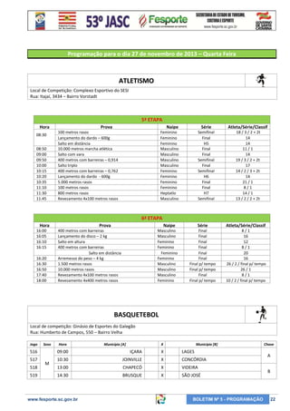 Programação para o dia 27 de novembro de 2013 – Quarta Feira

ATLETISMO
Local de Competição: Complexo Esportivo do SESI
Rua: Itajaí, 3434 – Bairro Vorstadt

5ª ETAPA
Hora
08:30
08:50
09:00
09:50
10:00
10:15
10:20
10:35
11:10
11:30
11:45

Prova

Naipe

100 metros rasos
Lançamento do dardo – 600g
Salto em distância
10.000 metros marcha atlética
Salto com vara
400 metros com barreiras – 0,914
Salto triplo
400 metros com barreiras – 0,762
Lançamento do dardo - 600g
5.000 metros rasos
100 metros rasos
800 metros rasos
Revezamento 4x100 metros rasos

Série

Atleta/Série/Classif

Semifinal
Final
H5
Final
Final
Semifinal
Final
Semifinal
H6
Final
Final
H7
Semifinal

Feminino
Feminino
Feminino
Masculino
Masculino
Masculino
Masculino
Feminino
Feminino
Feminino
Feminino
Heptatlo
Masculino

18 / 3 / 2 + 2t
14
14
11 / 1
14
19 / 3 / 2 + 2t
17
14 / 2 / 3 + 2t
14
21 / 1
8/1
14 / 1
13 / 2 / 2 + 2t

6ª ETAPA
Hora
16:00
16:05
16:10
16:15
16:20
16:30
16:50
17:40
18:00

Prova

Naipe

400 metros com barreiras
Lançamento do disco – 2 kg
Salto em altura
400 metros com barreiras
Salto em distância
Arremesso do peso – 4 kg
1.500 metros rasos
10.000 metros rasos
Revezamento 4x100 metros rasos
Revezamento 4x400 metros rasos

Masculino
Masculino
Feminino
Feminino
Feminino
Feminino
Masculino
Masculino
Masculino
Feminino

Série

Atleta/Série/Classif

Final
Final
Final
Final
Final
Final
Final p/ tempo
Final p/ tempo
Final
Final p/ tempo

8/1
16
12
8/1
20
16
26 / 2 / final p/ tempo
26 / 1
8/1
10 / 2 / final p/ tempo

BASQUETEBOL
Local de competição: Ginásio de Esportes do Galegão
Rua: Humberto de Campos, 550 – Bairro Velha
Jogo

Sexo

Hora

Município [A]

X

Município [B]

516

09:00

IÇARA

X

LAGES

517

10:30

JOINVILLE

X

CONCÓRDIA

13:00

CHAPECÓ

X

VIDEIRA

14:30

BRUSQUE

X

SÃO JOSÉ

518
519

M

www.fesporte.sc.gov.br

BOLETIM Nº 5 - PROGRAMAÇÃO

Chave

A
B

22

 
