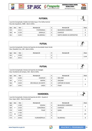 FUTEBOL
Local de Competição: Estádio do Clube Caça e Tiro Velha Central
Rua dos Caçadores, 3680 – Bairro Velha
Jogo

Sexo

559
560

Hora

Município [A]

X

Município [B]

Chave

10:15

561

X

BALNEÁRIO CAMBORIÚ

A

15:30

JOINVILLE

X

CHAPECÓ

A

16:45

M

ITUPORANGA
BLUMENAU

X

SANTO AMARO DA IMPERATRIZ

B

FUTSAL
Local de Competição: Ginásio de Esportes da Sociedade Vasto Verde
Rua: Oswaldo Cruz, 140 – Bairro Velha
Jogo

562
563

Sexo

F

Hora

Município [A]

X

19:00

X

20:15

Município [B]

X

Chave

ELIM

FUTSAL
Local de Competição: Ginásio de Esportes do Galegão
Rua: Humberto de Campos, 550 – Bairro Velha
Jogo

Sexo

Hora

Município [A]

X

Município [B]

564

16:00

CHAPECÓ

X

SÃO JOSÉ

565

17:15

MAFRA

X

JOAÇABA

18:30

SÃO MIGUEL DO OESTE

X

CAPIVARI DE BAIXO

19:45

LAGES

X

ITAJAÍ

566

M

567

Chave

B
A

HANDEBOL
Local de Competição: Ginásio de Esportes do SESI – Quadra 6
Rua: Itajaí, 3434 – Bairro Vorstadt
Jogo

Sexo

568
569

572
573

Município [A]

X

Município [B]

M
F

VIDEIRA

X

BALNEÁRIO CAMBORIÚ

14:30

CONCÓRDIA

X

CHAPECÓ

16:00

F

570
571

Hora

13:00

ITAJAÍ

X

IÇARA

17:00

X

19:00

X

20:30

www.fesporte.sc.gov.br

FLORIANÓPOLIS

X

Chave

A
B
S/F

BLUMENAU

BOLETIM Nº 5 - PROGRAMAÇÃO

B

25

 