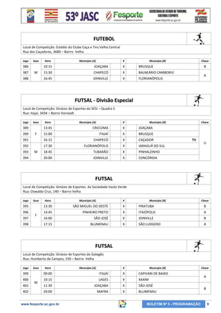 FUTEBOL
Local de Competição: Estádio do Clube Caça e Tiro Velha Central
Rua dos Caçadores, 3680 – Bairro Velha
Jogo

Sexo

386
387

Hora

Município [A]

X

Município [B]

10:15

388

X

BRUSQUE

15:30

CHAPECÓ

X

BALNEÁRIO CAMBORIÚ

16:45

M

JOAÇABA
JOINVILLE

X

Chave

B

FLORIANÓPOLIS

A

FUTSAL - Divisão Especial
Local de Competição: Ginásio de Esportes do SESI – Quadra 5
Rua: Itajaí, 3434 – Bairro Vorstadt
Jogo

Sexo

389

Hora

Município [A]

X

Município [B]

13:45

CRICIÚMA

X

JOAÇABA

15:00

ITAJAÍ

X

BRUSQUE

391

16:15

CHAPECÓ

X

CAÇADOR

392

17:30

FLORIANÓPOLIS

X

JARAGUÁ DO SUL

18:45

TUBARÃO

X

PINHALZINHO

20:00

JOINVILLE

X

Chave

CONCÓRDIA

390

393

F

M

394

TV

U

FUTSAL
Local de Competição: Ginásio de Esportes da Sociedade Vasto Verde
Rua: Oswaldo Cruz, 140 – Bairro Velha
Jogo

Sexo

395
396
397

Hora

Município [A]

X

Município [B]

Chave

13:30

398

X

PIRATUBA

B

14:45

PINHEIRO PRETO

X

ITAIÓPOLIS

A

16:00

SÃO JOSÉ

X

JOINVILLE

B

17:15

F

SÃO MIGUEL DO OESTE

BLUMENAU

X

SÃO LUDGERO

A

FUTSAL
Local de Competição: Ginásio de Esportes do Galegão
Rua: Humberto de Campos, 550 – Bairro Velha
Jogo

Sexo

Hora

Município [A]

X

Município [B]

399

09:00

ITAJAÍ

X

CAPIVARI DE BAIXO

400

10:15

LAGES

X

XAXIM

11:30

JOAÇABA

X

SÃO JOSÉ

20:00

MAFRA

X

BLUMENAU

401
402

M

www.fesporte.sc.gov.br

BOLETIM Nº 5 - PROGRAMAÇÃO

Chave

A
B

9

 