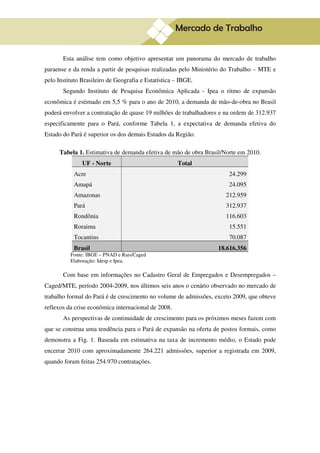 6

       Esta análise tem como objetivo apresentar um panorama do mercado de trabalho
paraense e da renda a partir de pesquisas realizadas pelo Ministério do Trabalho – MTE e
pelo Instituto Brasileiro de Geografia e Estatística – IBGE.
       Segundo Instituto de Pesquisa Econômica Aplicada - Ipea o ritmo de expansão
econômica é estimado em 5,5 % para o ano de 2010, a demanda de mão-de-obra no Brasil
poderá envolver a contratação de quase 19 milhões de trabalhadores e na ordem de 312.937
especificamente para o Pará, conforme Tabela 1, a expectativa de demanda efetiva do
Estado do Pará é superior os dos demais Estados da Região.

      Tabela 1. Estimativa de demanda efetiva de mão de obra Brasil/Norte em 2010.
               UF - Norte                            Total
           Acre                                                       24.299
           Amapá                                                      24.095
           Amazonas                                                  212.959
           Pará                                                      312.937
           Rondônia                                                  116.603
           Roraima                                                    15.551
           Tocantins                                                  70.087
           Brasil                                                 18.616.356
          Fonte: IBGE – PNAD e Rais/Caged
          Elaboração: Idesp e Ipea.

       Com base em informações no Cadastro Geral de Empregados e Desempregados –
Caged/MTE, período 2004-2009, nos últimos seis anos o cenário observado no mercado de
trabalho formal do Pará é de crescimento no volume de admissões, exceto 2009, que obteve
reflexos da crise econômica internacional de 2008.
       As perspectivas de continuidade de crescimento para os próximos meses fazem com
que se construa uma tendência para o Pará de expansão na oferta de postos formais, como
demonstra a Fig. 1. Baseada em estimativa na taxa de incremento médio, o Estado pode
encerrar 2010 com aproximadamente 264.221 admissões, superior a registrada em 2009,
quando foram feitas 254.970 contratações.
 