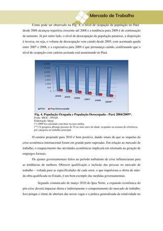 9
       Como pode ser observado na Fig. 4, o nível de ocupação da população no Pará
desde 2004 alcançou trajetória crescente até 2008 e a tendência para 2009 é de continuação
de aumento. Já por outro lado, o nível de desocupação da população paraense, a disposição
é inversa, ou seja, o volume de desocupação vem caindo desde 2005, com acentuada queda
entre 2007 e 2008, e a expectativa para 2009 é que permaneça caindo, confirmando que o
nível de ocupação com carteira assinada está aumentando no Pará.




         Fig. 4. População Ocupada e População Desocupada - Pará 2004/2009*.
        Fonte: IBGE – PNAD.
        Elaboração: Idesp.
        (*) 2009 foi calculado com base na taxa média.
        (**) A pesquisa abrange pessoas de 10 ou mais anos de idade, ocupadas na semana de referência,
        por categoria no trabalho principal.

       O cenário projetado para 2010 é bem positivo, dando sinais de que as sequelas da
crise econômica internacional foram em grande parte superadas. Em relação ao mercado de
trabalho, o reaquecimento das atividades econômicas implicará em retomada na geração de
empregos formais.
       Os ajustes governamentais feitos no período turbulento de crise influenciaram para
as tendências de melhora. Oferecer qualificação e inclusão das pessoas no mercado de
trabalho – voltada para as especificidades de cada setor, o que impulsiona a oferta de mão-
de-obra qualificada no Estado, é um bom exemplo das medidas governamentais.

           Segundo comunicado de março 2010 do Ipea Norte, a expansão econômica do
pós-crise deverá impactar direta e indiretamente o comportamento do mercado de trabalho.
Isso porque o ritmo de abertura das novas vagas e a prática generalizada da rotatividade no
 
