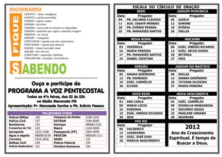 ESCALA DO CÍRCULO DE ORAÇÃO
DICIONÁRIO                                                                                                   SEDE                   JARDIM MURIBECA
              ESPERTO = ativo, inteligente
              EXPERTO = perito entendido
                                                                                                 Data        Pregador          Data       Pregador
              ESPIRAR = soprar, exalar                                                           04     PB. ARLINDO CLÁUDIO     05    GISELE
              EXPIRAR = terminar                                                                 11     AUX. JOSAFÁ MENDES      12    SIMONE
              CÂMARA = local onde se reúnem os deputados                                         18     PB. EVÃNIO PESSOA       19    EVÓDIA
              CÂMERA = aparelho que capta e reproduz imagem                                      25     PR. MANASSÉS SANTOS     26    ENILZA
              EMERGIR = vir á tona
              IMERGIR = mergulhar
                                                                                                          NOVA ROMA                      MACAIBA
              EXPECTADOR = aquele que tem expectativa
              ESPECTADOR = aquele que observa                                                    Data        Pregador          Data        Pregador
              ASSOAR = limpar secreção nasal                                                      03    VERÔNICA                06    DIÁC. ONÉSIO RICARDO
              ASSUAR = dar vaia em                                                                10    MARIA PEREIRA           13    DIÁC. AÉCIO DIOGO
              CONJETURA = suposição, hipótese                                                     17    PR. MANASSÉS SANTOS     20    BETÃNIA
              CONJUNTURA = situação, circunstância                                                24    ISABEL CRISTINA         27    IRIS

                                                                                                            JORDÃO                 JARDIM DO NAÚTICO
                                                                                                 Data         Pregador         Data       Pregador
                                                                                                  05    AMARA GERÔNIMO          06    ENILZA
    *********************************************************                                     12    PB. DIONISIO            13    AMARO GERÔNIMO

                     Ouça e participe do                                                          19
                                                                                                  26
                                                                                                        DIÁC. CARMÉLIO
                                                                                                        ELIÚDE
                                                                                                                                20
                                                                                                                                27
                                                                                                                                      TATIANA OLIVEIRA
                                                                                                                                      MARIA PEREIRA

PROGRAMA A VOZ PENTECOSTAL                                                                                 DOIS RIOS                  NOVA DESCOBERTA
          Todas as 4ªs feiras, das 22 às 23h                                                     Data        Pregador          Data         Pregador
                na Rádio Maranata FM                                                              02    ANA CARLA               02    DIÁC. CARMÉLIO
Apresentação: Pr. Manassés Santos e Pb. Evânio Pessoa                                             09    MARIA LÚCIA             09    EDINALVA MARGARIDA
**********************************************************************************************    16    DORINHA                 16    SOCORRO SOUZA
                               TELEFONES ÚTEIS                                                    23    DIÁC. ONÉSIO RICARDO    23    MARLENE URBANO
Polícia Militar    190                     Delegacia da Mulher            3184-3352               30    IRIS                    30    SEVERINA
Polícia Civil      197                     DETRAN                         3184-8000                         PIO XII
Bombeiros          193                     Hemope                         0800811535
Consertos de Tel. 103                      Metrô                          2102-8500
                                                                                                 Data
                                                                                                  05
                                                                                                              Pregador
                                                                                                        VALDENICE                        2012
Aeroporto          3322-4188               Passaporte (PF)                3464-4949               12    LOURDINHA               Ano de Crescimento
Água e esgoto      0800810195              PROCON                         08002811311             19    DIÁC. JOSÉ DIAS
Correios           3425-3856               SAMU                           192                                                  Espiritual. É tempo de
                                                                                                  26    MÁRCIA NASCIMENTO
Defesa Civil       199                     Policia Federal                194                                                     Buscar a Deus.
Policia Rodoviária 191                     Direitos Humanos               100
 