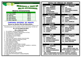 Obreiros Aniversariantes
NOME DATA
Aux. Fábio Batista Dia 07
Pb. José Cruz Dia 14
Pb. Isaias Oliveira Dia 18
Pb. Isael Vitoriano Dia 24
Pb. Edson Fagundes Dia 25
*************************************************************************************
CAMPANHA NACIONAL DE ORAÇÃO
Buscai ao Senhor: Ele fará Maravilhas...
“Buscai ao Senhor e a sua força; buscai a sua face continuamente. Lembrai-vos das
maravilhas que fez, dos seus prodígios e dos juízos da sua boca”. (Sl 105. 4-5)
01 a 21 de Abril de 2014
Dias e Motivo de Oração
1. Por confissão e genuíno arrependimento;
2. Por Busca de um verdadeiro relacionamento com Deus;
3. Por entendimento e harmonia familiar;
4. Pela Igreja Local e Congregações;
5. Pelos pastores, obreiros e lideres;
6. Por mais obreiros;
7. Pelos e por mais músicos, cantores e louvor da igreja;
8. Pela unidade e hegemonia doutrinária da IPAD;
9. Pelos Órgãos Dirigentes da IPAD;
10. Pelo crescimento da IPAD;
11. Pelo evangelismo e missões;
12. Pelas finanças: individual, familiar e da igreja;
13. Pela pátria e autoridades (poderes: executivo, legislativo e judiciário);
14. Por Salvação, libertação e cura das almas;
15. Por batismo com Espírito Santo;
16. Por busca e descobertas dos dons;
17. Pelos desviados e fracos na fé;
18. Pela nação de Israel;
19. Para que haja paz entre os povos;
20. Pelos povos não alcançados e igreja perseguida;
21. JEJUM.
ESCALA DO CÍRCULO DE ORAÇÃO
SEDE JARDIM MURIBECA
Data Pregador Data Pregador
02 DIÁC. BENEDITO 03 LIA
09 MARIA AUGUSTA 10 VALDENICE
16 GISELIA 17 DIÁC. ONÉSIO MANOEL
23 PR. MANASSÉS 24 DORINHA
30 BETANIA RODRIGUES
NOVA ROMA MACAIBA
Data Pregador Data Pregador
01 SOCORRO SOUZA 04 MARIA JOSE ALVES
08 LOURDINHA 11 DIÁC. ONÉSIO MANOEL
15 ADJANETE 18 ELIÚDE
22 MICHELLE 25 DIÁC. CARMÉLIO
29 MARIA PEREIRA
JORDÃO JARDIM DO NAUTICO
Data Pregador Data Pregador
03 DIÁC. AÉCIO DIOGO 04 DIÁC. JOSÉ DIAS
10 ISABEL CRISTINA 11 ARLENE URBANO
17 DORINHA 18 AGUINALZA
24 ULEIDE 25 GEAZI
UR-05 NOVA DESCOBERTA
Data Pregador Data Pregador
07 MARIA LUCIA 07 VANDA
14 SOCORRO SOUZA 14 ROBERTA
21 EDINALVA MARGARIDA 21 PR. EVANIO PESSOA
28 PB. HERCULANO 28 ISAEL CRISTINA
PIO XII
Data Pregador
2014
“VIVEI, ACIMA DE TUDO, POR
MODO DIGNO DO EVANGELHO
DE CRISTO” Fl. 1.27a
03 ADJANETE
10 DIÁC. CARMÉLIO
17 EDINALVA MARGARIDA
24 SIMONE
OBS.: OS PREGADORES (AS) QUE NÃO PUDEREM CUMPRIR A
ESCALA, FAVOR ENTRAR EM CONTATO COM A IRMÃ DORINHA
 