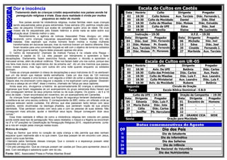 Dor e inocência
Tratamento dado às crianças cristãs sequestradas nos países aonde há
perseguição religiosa é triste. Essa dura realidade é vivida por muitos
pequenos ao redor do mundo
Nos países aonde há intolerância religiosa, muitas famílias veem suas crianças
sendo sequestradas pelos grupos extremistas. Essa semana (20), pedimos oração pelo
caso da pequena Christine que acaba de completar quatro anos de idade. Há onze
meses ela foi sequestrada pelo Estado Islâmico e ainda nada se sabe sobre sua
situação atual. Entenda melhor o caso.
Recentemente, a agência de notícias Associated Press divulgou um vídeo
revelando como crianças iraquianas sequestradas pelo Estado Islâmico (EI) são
tratadas. Eles explicam que muitos homens foram mortos e muitas mulheres
transformadas em escravas sexuais, mas os meninos tiveram um destino diferente. Eles
foram levados para uma conversão forçada ao islã com o objetivo de torná-los soldados
da jihad (guerra santa). Alguns deles possuem apenas oito anos.
O “centro de treinamento” chamado de Instituto Farouq é na cidade síria Raqqa –
considerada a capital do EI. Lá, eles passam por treinamento e aprendem a fazer
decapitações. Diariamente, fazem exercícios físicos, estudam o Alcorão e aprendem a
manusear armas, além de praticar violência. “Eles nos faziam bater uns nos outros, porque isso
nos faria mais duros e não sentiríamos dor da próxima vez”, diz um dos meninos que passou
cinco meses preso, mas fugiu com outros em uma noite quando enquanto os soldados
dormiam.
Todas as crianças assistem à vídeos de decapitações e seus instrutores do EI os alertavam
que um dia teriam que realizar tarefa semelhante. Cada um dos mais de 120 meninos
receberam um espada e uma boneca, e em seguida a ordem de cortar a cabeça das bonecas.
"Depois eles me ensinaram como segurar a espada, e me explicaram como golpear. Disseram
que era a cabeça de um infiel", disse o menino, chamado de Yahya por seus captores.
Ainda esse ano, divulgamos a história de aproximadamente 80 crianças e adolescentes
nigerianas que foram resgatadas de um acampamento do grupo extremista Boko Haram que
não conseguiam lembrar de seus próprios nomes ou de suas origens. Os jovens – de 5 a 18
anos de idade – foram encontrados em novembro, em um acampamento em Camarões.
As crianças foram resgatadas depois que forças de segurança tentaram desbaratar o que
acreditava-se ser uma escola corânica. O correspondente da BBC visitou um orfanato onde as
crianças estavam sendo cuidadas. Ele afirmou que elas passaram tanto tempo com seus
captores, sendo doutrinadas na ideologia jihadista, que perderam noção de sua própria
identidade. "Elas perderam contato com seus pais e com as pessoas de suas aldeias. Não
conseguiam mais articular, ajudar a identificar seus laços. Sequer conseguem dizer seus
nomes."
Essa triste realidade é reflexo de como a intolerância religiosa tem crescido em países
aonde existe esse tipo de perseguição. Nos casos relatados, o Iraque e a Nigéria se encontram
na 3ª e 10ª posições na Classificação da Perseguição Religiosa 2015 , respectivamente. Junte-
se a nós em oração pelas crianças nestes locais.
Motivos de oração:
• Peça ao Senhor que entre no coração de cada criança e não permita que eles venham
esquecer quem realmente são e no que creem. Que elas possam ter em encontro com Jesus,
assim como suas famílias.
• Interceda pelos familiares dessas crianças. Que o consolo e a esperança possam estar
presentes em seus corações.
• Ore pelo perseguidor. Que as crianças possam ser usadas por Deus para apresentar Jesus à
eles. Com estratégia e sabedoria quem vem do céu.
Fonte: BBC, Associated Press e Portas Abertas Brasil
Escala de Cultos em Caetés
Domingo
Data Horário Culto Dirigente Pregador
02 18:30 Culto Solene Aux. Tarcisio Diác. Fernando L.
09 18:30 Culto da Mocidade Daniel Diác. Eliel
16 18:30 Culto de Missões Diác. Moises Diác. Enivaldo
23 18:30 Culto da UFE Edna Diác. Joel
30 18:30 Família Elaine Pb. Lucivaldo
Terça
Instrução – 19:30
Quinta
U.F.E. – 19:30
Data Dirigente Pregador Data Dirigente Pregador
04 Diác. Joel Diác. Fernando 06 Michelle Diác. Joel
11 Diác. Moises Pr. Evanio 13 Edna Diác. Joel
18 Aux. Tarcisio Diác. Fernando 20 Cineide Fernando J.
25 Diác. Moises Pr. Manasses 27 Marileide Aux. Tarcísio
Escala de Cultos em UR-05
Domingo
Data Horário Culto Dirigente Pregador
02 18:30 Aviv. Da UFE Betânia Diác. Carlos
09 18:30 Culto das Primícias Diác. Carlos Aux. Paulo
16 18:30 Culto de Missões Diác. Luis F. Aux. Leandro
23 18:30 Culto Ministerial Aux. Leandro Diác. Luis F.
30 18:30 Aviv. da Mocidade Rubens Betânia
Segunda Circulo de Oração
Terça Escola Bíblica Dominical - E.B.D
Quinta
Culto da UFE – 19:30
Sábado
Oração da Campanha – 19:30
Data Dirigente Pregador Data Dirigente Pregador
06 Edvania Diác. Luis F. 01 Encontro de Homens
13 Maria Dulce Diác. Jota 08 - -
20 Célia Diác. Carlos 15 - -
27 Jeniffer Pb. Herculano 22 - -
29 GRANDE CEIA SEDE
Sexta Oração para Mocidade
Datas comemorativas de Agosto
09 Dia dos Pais
11 Dia do Estudante
15 Dia da Informática
15 Dia dos Solteiros
24 Dia da Infância
28 Dia Nacional do Voluntário
31 Dia dos Nutricionistas
 