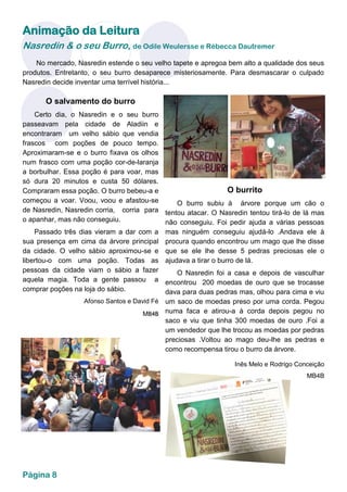 Página 8
Animação da Leitura
O salvamento do burro
Certo dia, o Nasredin e o seu burro
passeavam pela cidade de Aladiin e
encontraram um velho sábio que vendia
frascos com poções de pouco tempo.
Aproximaram-se e o burro fixava os olhos
num frasco com uma poção cor-de-laranja
a borbulhar. Essa poção é para voar, mas
só dura 20 minutos e custa 50 dólares.
Compraram essa poção. O burro bebeu-a e
começou a voar. Voou, voou e afastou-se
de Nasredin, Nasredin corria, corria para
o apanhar, mas não conseguiu.
Passado três dias vieram a dar com a
sua presença em cima da árvore principal
da cidade. O velho sábio aproximou-se e
libertou-o com uma poção. Todas as
pessoas da cidade viam o sábio a fazer
aquela magia. Toda a gente passou a
comprar poções na loja do sábio.
Afonso Santos e David Fé
MB4B
O burrito
O burro subiu à árvore porque um cão o
tentou atacar. O Nasredin tentou tirá-lo de lá mas
não conseguiu. Foi pedir ajuda a várias pessoas
mas ninguém conseguiu ajudá-lo .Andava ele à
procura quando encontrou um mago que lhe disse
que se ele lhe desse 5 pedras preciosas ele o
ajudava a tirar o burro de lá.
O Nasredin foi a casa e depois de vasculhar
encontrou 200 moedas de ouro que se trocasse
dava para duas pedras mas, olhou para cima e viu
um saco de moedas preso por uma corda. Pegou
numa faca e atirou-a à corda depois pegou no
saco e viu que tinha 300 moedas de ouro .Foi a
um vendedor que lhe trocou as moedas por pedras
preciosas .Voltou ao mago deu-lhe as pedras e
como recompensa tirou o burro da árvore.
Inês Melo e Rodrigo Conceição
MB4B
Nasredin & o seu Burro, de Odile Weulersse e Rébecca Dautremer
No mercado, Nasredin estende o seu velho tapete e apregoa bem alto a qualidade dos seus
produtos. Entretanto, o seu burro desaparece misteriosamente. Para desmascarar o culpado
Nasredin decide inventar uma terrível história...
 