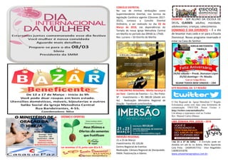 DÍZIMO E OFERTAS
Ler Jeremias 17.9, junto com 2Co 9.7.
CONCÍLIO DISTRITAL
No uso de minhas atribuições como
Superintendente Distrital, nos termos da
legislação Canônica vigente (Cânones 2017-
2021), convoco o Concílio Distrital
Ordinário, a ser realizado no dia 03 de
Março de 2018, nas dependências do
Templo de nossa Igreja Metodista Central
em Marília no período das 09h00 às 17h00.
Rev. Luciano – SD Distrito de Marília.
III ENCONTRO REGIONAL- Minha herança é
ser livre - Centro de Eventos – S.J. Rio Preto-
SP - Investimento = R$ 280,00 (dividir em
4x) - Realização: Ministério Regional de
Oração - Facebook.com/mro5re;
IMERSÃO REGIONAL
21 a 23 de Março
Investimento: R$ 120,00
Centro Regional de Eventos
Realização: Câmara Regional de Discipulado.
PARA: Pastores/as e líderes
DESAFIO - SER ALUNO DA ESCOLA DE
DEUS. CLASSES: adultos; mocidade;
adolescentes; crianças; catecúmenos.
DOMINGO É DIA DIFERENTE – É o dia
de levantar mais cedo e vir para a Escola
Dominical. Nosso programa reservado é
estar na Casa do Senhor.
SITE REGIONAL DA 5.ª REGIÃO
O Site Regional da Igreja Metodista 5.ª Região
Eclesiástica conta com mais uma ferramenta de
comunicação: TWITTER. Nosso Twiiter é:
http://twitter.com/metodista5re
Um abraço e esperamos você no Twitter.
Rev. Manoel Carlos (Manu)
UMA SEMANA PRA JESUS – 2018
Dias 21 a 27 de Julho. - A inscrição pode ser
dividida em até 6x no boleto. Maria Aparecida
Cata Preta - (34)991957731) - Vitor Magalhães
(18)981031878)
www.umasemanaprajesus.com.br;
 