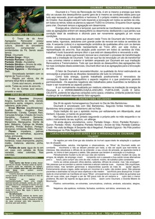 Grupo de Estudo Guerreiros da Luz - http://gdaluz.blogspot.com.br
Página B 6
OXUMARÉ - RENOVADOR (CÓSMICO)
Oxumaré é o Trono da Renovação da Vida, é em si mesmo a energia que tanto
dilui as causas dos desequilíbrios quanto gera de si mesmo as condições ideais para que
tudo seja renovado, já em equilíbrio e harmonia. É o próprio mistério renovador e diluidor
do Criador. Sua atuação está em tudo trazendo a renovação em todos os sentido da vida,
em todos os reinos, todos os planos ou seja em TUDO no Universo. Enquanto Oxum agrega
para criar, Oxumaré renova a agregação em desarmonia.
Energia ativa, cósmica e temporal, que somente se manifestará na vida dos seres
caso as agregações entrem em desequilíbrio ou desarmonia; desfazendo o que perdeu sua
condição ideal de existência e diluindo para ser novamente agregado já em novas
condições.
As hierarquias dos seres que atuam neste Trono de Oxumaré são formadas por
seres belos, rigorosos, sedutores com grande poder de renovar em todos os sentidos da
vida. A serpente (cobra) é a representação simbólica de qualidades afins com os demais
tronos possuindo a tonalidade representante ao Trono afim; por este motivo a
representação do arco-íris. Sua atuação pode ocorrem em todos os sentidos da Vida;
trabalham muito buscando sempre diluir o que está em desequilíbrio e renovando a vida.
Todos os seres que buscam renovar-se e vivenciam o processo de transformação
estão sob a irradiação de Oxumaré. Todo ser que faz da renovação um ato de transformar
o seu universo interior e exterior é também amparado por Oxumaré em sua irradiação
Renovadora e Transmutadora. Todo ser que devido ao desequilíbrio das agregações não
há mais condições ideais existenciais, Oxumaré diluir-se-á as agregações para a renovação
da vida.
O fator de Oxumaré é renovador/diluidor, na qualidade do Amor estimulando as
renovações e propiciando as diluições necessárias (de tudo no Universo).
Como toda energia, quando trabalhada positivamente é renovadora da
concepção. Quando em desequilíbrio o aspecto negativo é o que predomina gerando
permissividade . Os aspectos negativos são trabalhados pelos Guardiões na tentativa de
trazer o ser novamente ao aspecto positivo.
A cor normalmente visualizada por médiuns videntes na irradiação da energia de
Oxumaré é o VERDE/AMARELO/AZUL-ESCURO, FURTA-COR, LILÁS E AZUL
CELESTE, podendo ter algumas variações como opaca, cristalina, cintilante podendo haver
mudança de tonalidade dependendo fator agregado.
O SINCRETISMO RELIGIOSO
Dia 24 de agosto homenageamos Oxumaré no Dia de São Bartolomeu
Oxumarê é sincretizado com São Bartolomeu. Segundo fontes históricas, São
Bartolomeu teria pregado o cristianismo até na Índia.
Outra tradição diz que o apóstolo morreu por esfolamento em Albanópolis, atual
Derbent, Cáucaso, a mando do governador.
Na Capela Sistina ele é pintado segurando a própria pele na mão esquerda e na
outra o instrumento de seu suplício, um alfange.
Há ainda alguns sincretismos, como: Panteão Grego - Kiron; Panteão Romano -
Quiron; Panteão Hindú - Kundaline; Panteão Nórdico - Arvore da Vida; Panteão Católica-
Cristã - Na visão da Magia: A Serpente não é Negativa!; Panteão Egípicio - No Pólo positivo
é Meretseguer no Pólo Negativo Seth.
CARACTERÍSTICAS DOS SERES SOB A IRRADIAÇÃO DE OXUMARÉ –
“FILHOS”
Os regidos por esta Ener-gia são dotados de incrível capaci-dade de adaptação a qualquer
tipo de situação.
Despachados, astutos, inte-ligentes e observadores, os “filhos” de Oxumaré estão em
constante movimento e não se deixam prender por nada, a não ser aquilo que real-mente os
interessa. São estudiosos e difíceis de se entender, e seu círculo de amizade, se aparente-mente é
grande, no íntimo é bem pequeno e seleto. São pessoas que tendem à renovação e à mudança.
Periodicamente mudam tu-do em sua vida (de maneira radical): mudam de casa, de
amigos, de religião, de emprego; vivem rompendo com o passado e bus-cando novas alternativas
para o futuro, para cumprir seu ciclo de vida: mutável, incerto, de substitui-ções constantes.
Como as cobras possuem olhos atentos, salientes, difíceis de encarar, mas ‘não enxergam’.
São pessoas que se prendem a valores materiais e adoram ostentar suas riquezas; São orgulhosas,
exibicio-nistas, mas também generosas e desprendidas quando se trata de ajudar alguém.
Extremamente ativas e ágeis, estão sempre em movimen-to e ação, não podem parar. São pessoas
pacientes e obstinadas na luta por seus objetivos e não medem sacrifícios para alcançá-los. A duali-
dade do orixá também se manifesta em seus “filhos”, principalmente no que se refere às guinadas que
dão em suas vidas, que chegam a ser de 180 graus indo de um extremo a outro sem o menor
problema. Mu-dam de repente da água para o vinho, assim como Oxumaré, o Grande Mestre do
Movimento.
Positivo: extrovertidos, en-volventes, comunicativos, criativos, amáveis, educados, alegres,
etc.
Negativos: são apáticos, mórbidos, fechados, sombrios, soli-tários, venenosos, etc.
SINCRETISMO DE OXUMARÉ
O Trono da do Amor
Agregador, Renovador possui
denominações diferentes em cada
cultura, através do sincretismo
podemos compreender as
similaridades da Fé. Sendo assim
temos:
Orixá - Oxumaré;
Panteão Grego - Kiron;
Panteão Romano - Quiron;
Panteão Hindú - Kundaline;
Panteão Nórdico – Árvore da vida;
Panteão Católica- Serpente;
Panteão Egípicio – Meretseguer e
Seth.
Sincretizado também com os
signos de Touro e Libra.
Regido por vênus, dia da
semana terça feira e sábado.
Cores azul escuro, amarelo e
verde. Todas as cores do arco-iris.
Fio de Contas azul escuro,
amarelo e verde.
ERVAS DE OXUMARÉ
Ervas Quentes (limpeza):
Angico, buchinha do norte, dandá,
espinheira santa, orégano, urucum,
valeriana, picão preto.
Ervas Mornas (equilibradoras):
Açafrão Raiz, Angélica Raiz,
Barbatimão, Canela, Carapiá Raiz,
Carqueja Amarga, Chapéu de Couro,
Gengibre, Guaraná Semente,
Hibisco Flor, Imburana Semente,
Manjerona, Marapuama, Dente de
leão, Bálsamo, Catinga de Mulata,
Serralha, Pinhão Branco, Peregun
(dracena), Umbaúba, Milho, Pacova.
Flores: impatiens, palmas
amarelas e vermelhas, açucena,
tulipa, primavera.
Frutas e alimentos: miosótis,
hortência, rosas champanhe, pepino,
melão, melancia, atemóia, pinha,
graviola.
Portais de cura: água de rio em
um copo com pétalas de flores
variadas, velas coloridas, fitas
coloridas.
PREPAROS E UTILIZAÇÕES
Banho:
Todo banho não ferver a erva, deixar
apenas em efusão. Peneirar antes do banho.
O banho pode ser realizado na cabeça,
tomando cuidado para não cair nos olhos e
nem boca pois podem ocorrer
irritações/lesões.
O banho deve ser realizado após o banho
comum sendo 3 dias de limpeza e 3 dias de
equilibradora.
Sempre ao realizar os
banhos/defumação, fazer uma oração
pedindo benção, proteção, saúde, etc; pedir a
ativação das ervas utilizada no banho em sua
vida. Respirar profundamente tentando
absorver o máximo de Fluido possível com
muita Fé e Amor No. Após o banho um
agradecimento.
Na defumação:
Se for limpeza realizar de dentro para
fora, fundo/frente. Caso seja harmonização
realizar em sentido horário (olhando a frente
da casa começar pelo lado esquerdo e
terminar pelo lado direito)
 