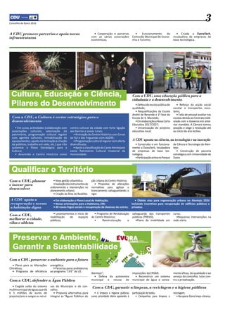 Concelho de Évora 2016
3
• Cooperação e parcerias
com as várias associações
económicas;
• Funcionamento da
Comissão Municipal de Econo-
mia e Turismo;
• Criada a ÉvoraTech,
incubadora de empresas de
base tecnológica.
A CDU promove parcerias e apoia novas
infraestruturas
Com a CDU, a Cultura é vector estratégico para o
desenvolvimento
• Em curso, ac�vidades (colaboração com
associações culturais, valorização do
património, programação cultural regular
com agentes culturais, rentabilização de
equipamentos, aposta na formação e criação
de públicos, trabalho em rede, etc.) que irão
sustentar o Plano Estratégico para a
Cultura;
• Assumido o Centro Histórico como
centro cultural da cidade com forte ligação
aos bairros e zonas rurais;
• Animação do Centro Histórico com Cenas
ao Sul e das freguesias com AGERE;
• Programação cultural regular com oferta
diversificada;
•ApoioàclassificaçãodoCanteAlentejano
como Património Cultural Imaterial da
Humanidade.
Com a CDU, uma educação pública para a
cidadania e o desenvolvimento
•Defesadaescolapúblicade
qualidade;
• Requalificações da Escola
André de Resende e 1ª fase da
Escola de S. Mamede;
•EmelaboraçãoaNovaCarta
Educa�va 2017/2027;
• Dinamização do projecto
educa�vo local;
• Reforço da acção social
escolar e transportes esco-
lares;
• Falta de pessoal auxiliar nas
escolasdevidoaoContratoelab-
orado com o Governo em ante-
rior mandato. A Câmara tomou
posição e exige a resolução até
ao início do ano lec�vo.
A CDU aposta na ciência, na tecnologia e na inovação
Cultura, Educação e Ciência,
Pilares do Desenvolvimento
• Construída e em funciona-
mento a ÉvoraTech, incubadora
de empresas de base tec-
nológica;
•Par�cipaçãoac�vanoParque
de Ciência e Tecnologia do Alen-
tejo;
• Construção de parceria
estratégicacomUniversidadede
Évora.
Qualificar o Território
Com a CDU, planear
e inovar para
desenvolver
• Nova gestão urbanís�ca;
•Avaliaçãodosinstrumentosde
ordenamento e intervenções no
planeamento urbano;
• Criação da Área de Reabilita-
ção Urbana do Centro Histórico;
• Propostas de alterações
norma�vas para agilizar o
licenciamento salvaguardando o
rigor.
A CDU apoia a
recuperação e acesso
a habitação digna
• Em elaboração o Plano Local de Habitação;
• Novas orientações para a Habévora, EM;
• 40 novos fogos sociais e recuperação de dezenas de outros;
• Ob�do eixo para regeneração urbana no Alentejo 2020
incluindo incen�vos para recuperação de edi�cios públicos e
privados.
Com a CDU,
melhorar a cidade,
vilas e aldeias
• Levantamentos e início de
reabilitação de espaços
públicos;
• Programa de Revitalização
do Centro Histórico;
• Reestruturação e
salvaguarda dos transportes
públicos (TREVO);
•Plano de mobilidade em
curso;
•Pequenas intervenções na
rede viária.
Com a CDU, preservar o ambiente para o futuro
Preservar o Ambiente,
Garantir a Sustentabilidade
• Plano para as Alterações
Climá�cas;
• Programa de eficiência
energé�ca;
•Parceriasparacandidaturas
ao programa “LIFE” da UE.
Com a CDU, defender a Água Pública
• Exigida saída do sistema
mul�municipaldeáguasquedá
€ 5 milhões de euros de
prejuízo/ano e sangra os recur-
sos do Município e do con-
celho;
• Proposta alterna�va para
integrar as “Águas Públicas do
Alentejo”;
• Defesa da autonomia
municipal e recusa de
imposições da ERSAR;
• Reconstruir um sistema
municipal de água e sanea-
mentoeficaz,dequalidadeeao
serviço do concelho; lutar con-
tra a priva�zação.
Com a CDU, garantir a limpeza, a reciclagem e a higiene públicas
• A limpeza e higiene públicas
como prioridade diária apelando à
par�cipação de todos;
• Campanhas para limpeza e
reciclagem;
• Recuperar Évora limpa e branca.
 