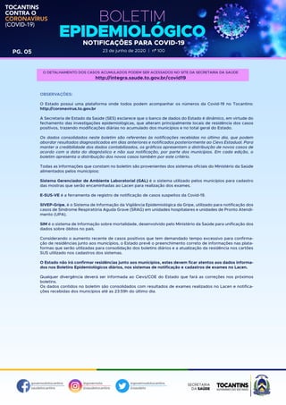 governodotocantins
saudetocantins
@governoto
@saudetocantins
@governodotocantins
@saudeto
TOCANTINS
CONTRA O
CORONAVÍRUS
(COVID-19)
BOLETIM
EPIDEMIOLÓGICONOTIFICAÇÕES PARA COVID-19
23 de junho de 2020 | nº 100PG. 05
OBSERVAÇÕES:
O Estado possui uma plataforma onde todos podem acompanhar os números da Covid-19 no Tocantins:
http://coronavirus.to.gov.br
A Secretaria de Estado da Saúde (SES) esclarece que o banco de dados do Estado é dinâmico, em virtude do
fechamento das investigações epidemiológicas, que alteram principalmente locais de residência dos casos
positivos, trazendo modificações diárias no acumulado dos municípios e no total geral do Estado.
Os dados consolidados neste boletim são referentes às notificações recebidas no último dia, que podem
abordar resultados diagnosticados em dias anteriores e notificados posteriormente ao Cievs Estadual. Para
manter a credibilidade dos dados contabilizados, os gráficos apresentam a distribuição de novos casos de
acordo com a data do diagnóstico e não sua notificação, por parte dos municípios. Em cada edição, o
boletim apresenta a distribuição dos novos casos também por este critério.
Todas as informações que constam no boletim são provenientes dos sistemas oficiais do Ministério da Saúde
alimentados pelos municípios:
Sistema Gerenciador de Ambiente Laboratorial (GAL) é o sistema utilizado pelos municípios para cadastro
das mostras que serão encaminhadas ao Lacen para realização dos exames.
E-SUS-VE é a ferramenta de registro de notificação de casos suspeitos da Covid-19.
SIVEP-Gripe, é o Sistema de Informação da Vigilância Epidemiológica da Gripe, utilizado para notificação dos
casos de Síndrome Respiratória Aguda Grave (SRAG) em unidades hospitalares e unidades de Pronto Atendi-
mento (UPA).
SIM é o sistema de Informação sobre mortalidade, desenvolvido pelo Ministério da Saúde para unificação dos
dados sobre óbitos no país.
Considerando o aumento recente de casos positivos que tem demandado tempo excessivo para confirma-
ção de residências junto aos municípios, o Estado prevê o preenchimento correto de informações nas plata-
formas que serão utilizadas para consolidação dos boletins diários e a atualização da residência nos cartões
SUS utilizado nos cadastros dos sistemas.
O Estado não irá confirmar residências junto aos municípios, estes devem ficar atentos aos dados informa-
dos nos Boletins Epidemiológicos diários, nos sistemas de notificação e cadastros de exames no Lacen.
Qualquer divergência deverá ser informada ao Cievs/COE do Estado que fará as correções nos próximos
boletins.
Os dados contidos no boletim são consolidados com resultados de exames realizados no Lacen e notifica-
ções recebidas dos municípios até as 23:59h do último dia.
O DETALHAMENTO DOS CASOS ACUMULADOS PODEM SER ACESSADOS NO SITE DA SECRETARIA DA SAÚDE
http://integra.saude.to.gov.br/covid19
 