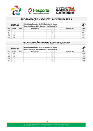 13
PROGRAMAÇÃO – 30/09/2019 – SEGUNDA FEIRA
FUTSAL
Ginásio de Esportes da EEB Casimiro de Abreu
Rua: Luiz Dacol, 166 – Centro – Curitibanos/SC
Jogo Naipe Hora Município [A] X Município [B] Chave
24 F X S/F
25 F X S/F
26 M S/F
27 M S/F
PROGRAMAÇÃO – 01/10/2019 – TERÇA FEIRA
FUTSAL
Ginásio de Esportes da EEB Casimiro de Abreu
Rua: Luiz Dacol, 166 – Centro – Curitibanos/SC
Jogo Naipe Hora Município [A] X Município [B] Chave
15 M X 3º/4º
16 M X 1º/2º
15 F X 3º/4º
16 F X 1º/2º
 
