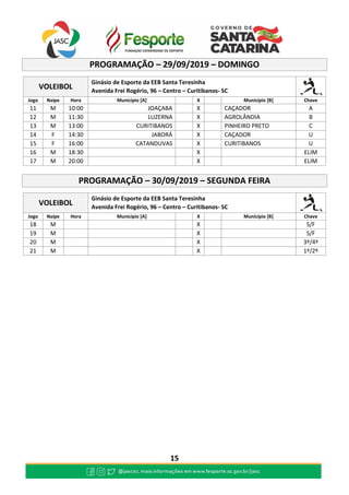 15
PROGRAMAÇÃO – 29/09/2019 – DOMINGO
VOLEIBOL
Ginásio de Esporte da EEB Santa Teresinha
Avenida Frei Rogério, 96 – Centro – Curitibanos- SC
Jogo Naipe Hora Município [A] X Município [B] Chave
11 M 10:00 JOAÇABA X CAÇADOR A
12 M 11:30 LUZERNA X AGROLÂNDIA B
13 M 13:00 CURITIBANOS X PINHEIRO PRETO C
14 F 14:30 JABORÁ X CAÇADOR U
15 F 16:00 CATANDUVAS X CURITIBANOS U
16 M 18:30 X ELIM
17 M 20:00 X ELIM
PROGRAMAÇÃO – 30/09/2019 – SEGUNDA FEIRA
VOLEIBOL
Ginásio de Esporte da EEB Santa Teresinha
Avenida Frei Rogério, 96 – Centro – Curitibanos- SC
Jogo Naipe Hora Município [A] X Município [B] Chave
18 M X S/F
19 M X S/F
20 M X 3º/4º
21 M X 1º/2º
 