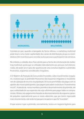 Constata-se que, quando empregado de forma idônea, o marketing multinível
pode levar a uma maior capilaridade dos canais de distribuição, já que os revendedores têm incentivos para convidar outras pessoas a participarem da estrutura.
No entanto, o cidadão deve ficar atento para a forma de estruturação do marketing multinível, posto que se utilizado indevidamente por pessoas mal intencionadas, ele pode servir para dar aparência de uma estrutura legítima a pirâmides
financeiras, esquemas considerados irregulares.
O 2º Boletim de Proteção do Consumidor/Investidor, sobre investimentos irregulares, esclarece que as pirâmides financeiras são esquemas irregulares e insustentáveis de captação de recursos da população. Os lucros prometidos são pagos com os
aportes dos novos participantes, que pagam para aderir à estrutura (“investimento
inicial”). A adesão de novos membros permite o desenvolvimento da pirâmide, até
que a velocidade de sua expansão não seja suficiente para pagar todos os compromissos. Atrasos nos pagamentos levarão ao desmoronamento do esquema, gerando prejuízos especialmente para os novos aderentes, que por terem ingressado
mais recentemente, não terão tempo para recuperar o que foi “investido”.
O que ocorre é que a pirâmide, normalmente, busca um negócio legítimo para

5

 