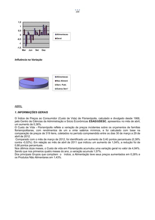 100



  1,5

    1

  0,5

    0                             Alimentacao

  -0,5                            Geral

   -1

  -1,5
         Mar   Jun   Set   Dez



Influência na Variação




                                  Alimentacao

                                  Nao Aliment

                                  Serv. Publ.

                                  Outros Serv'




ABRIL

1. INFORMAÇÕES GERAIS

O Índice de Preços ao Consumidor (Custo de Vida) de Florianópolis, calculado e divulgado desde 1968,
pelo Centro de Ciências da Administração e Sócio Econômicas ESAG/UDESC, apresentou no mês de abril,
um aumento de 0,38%.
O Custo de Vida - Florianópolis reflete a variação de preços incidentes sobre os orçamentos de famílias
florianopolitanas, com rendimentos de um a vinte salários mínimos, e foi calculado com base na
comparação de preços de 319 itens, coletados no período compreendido entre os dias 30 de março a 29 de
abril de 2012.
 Comparado com o mês de março de 2012, foi identificado um aumento de 0,40 pontos percentuais (0,38%
contra -0,02%). Em relação ao mês de abril de 2011 que indicou um aumento de 1,04%, a redução foi de
0,66 pontos percentuais.
Nos últimos doze meses, o Custo de vida em Florianópolis acumulou uma variação geral no valor de 4,94%.
Sendo que nos primeiros quatro meses do ano, a variação acumula 1,57%.
Dos principais Grupos que compõem o índice, a Alimentação teve seus preços aumentados em 0,28% e
os Produtos Não Alimentares em 1,43%.
 